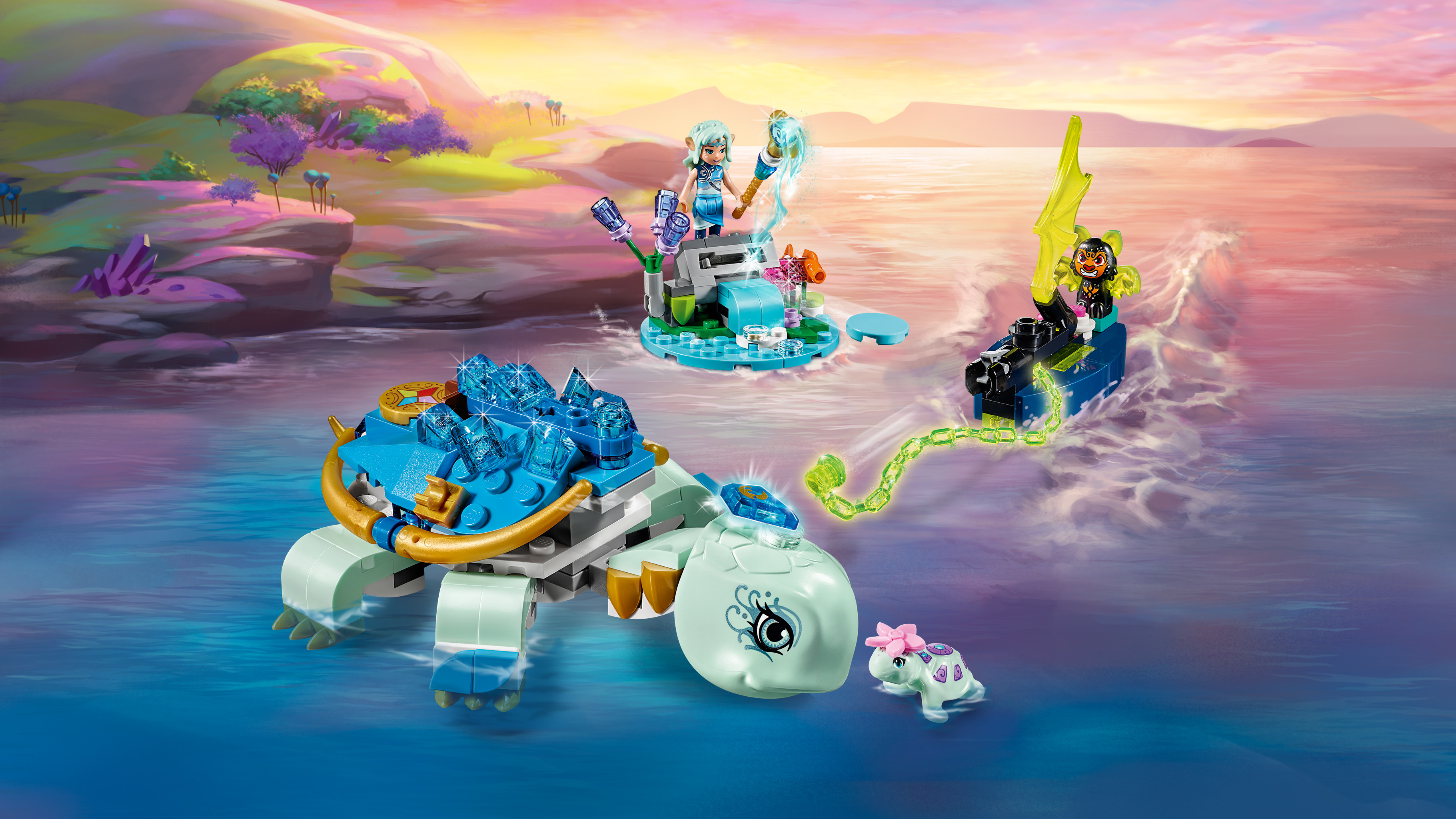 Set Lego Elves con scena acquatica, personaggi e una tartaruga. Include una barca e cristalli fluttuanti.