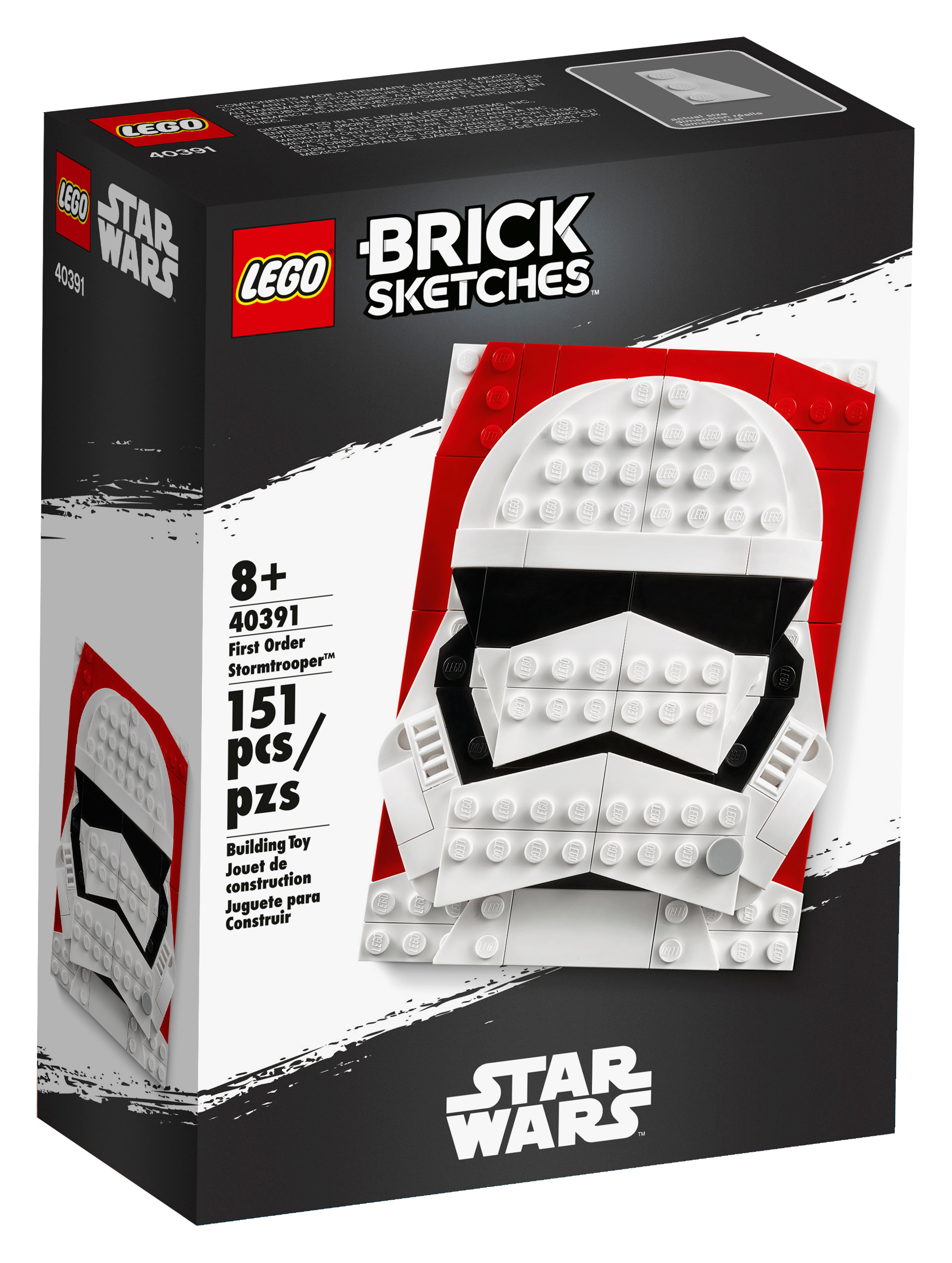 LEGO Star Wars Brick Sketches. Design de casque de Stormtrooper blanc sur boîte noire.