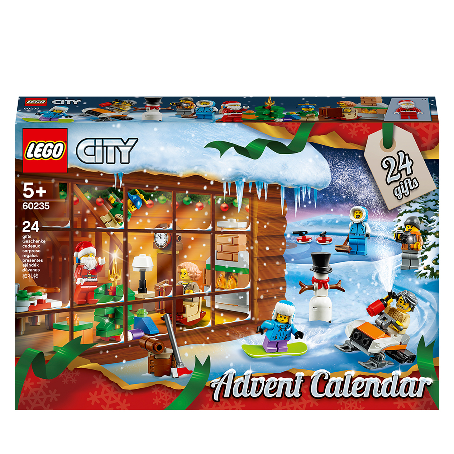 Set Lego City Calendario dell'Avvento. Babbo Natale, pupazzi di neve, personaggi e scena invernale.