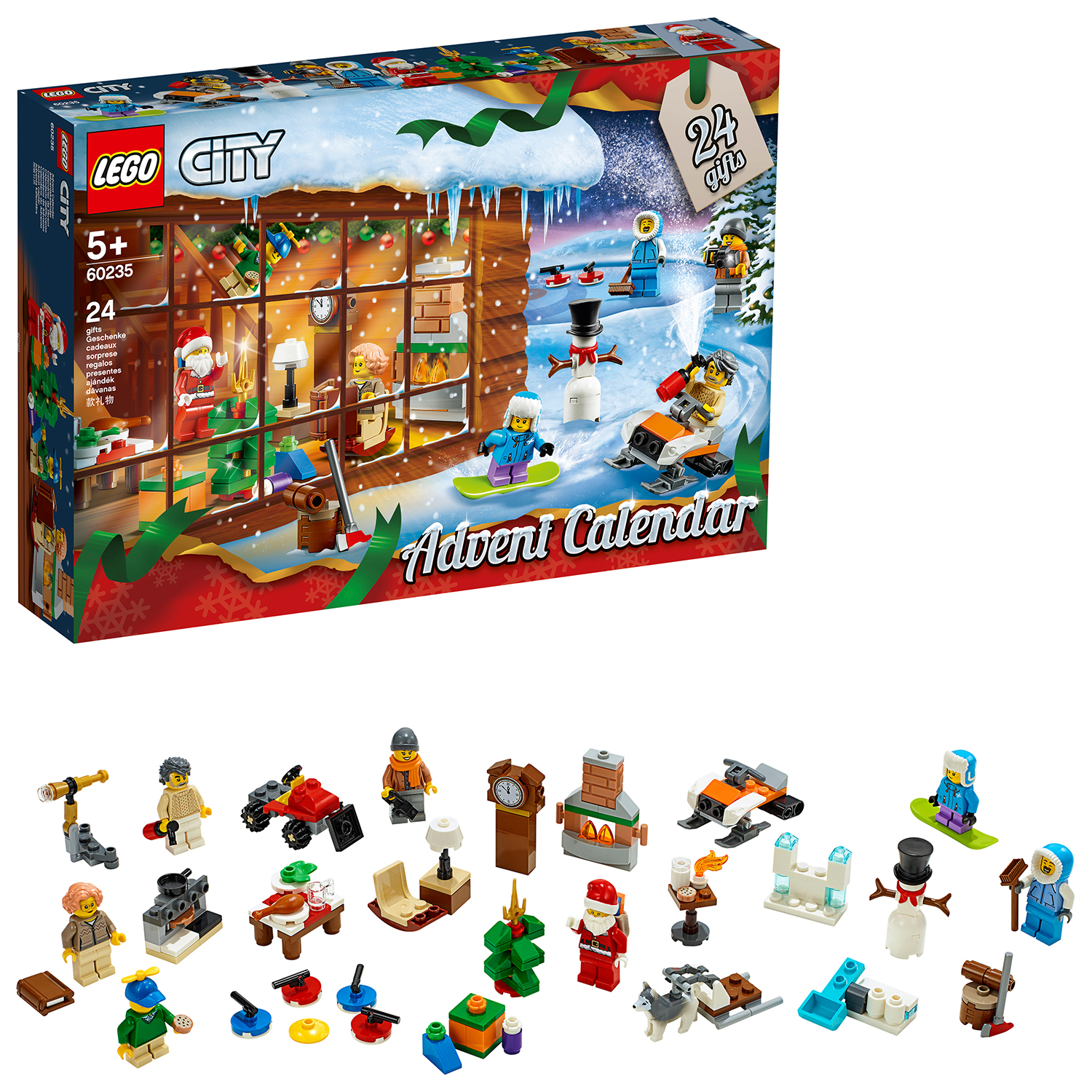 Scatola del calendario dell'Avvento Lego City, con personaggi e piccole costruzioni.