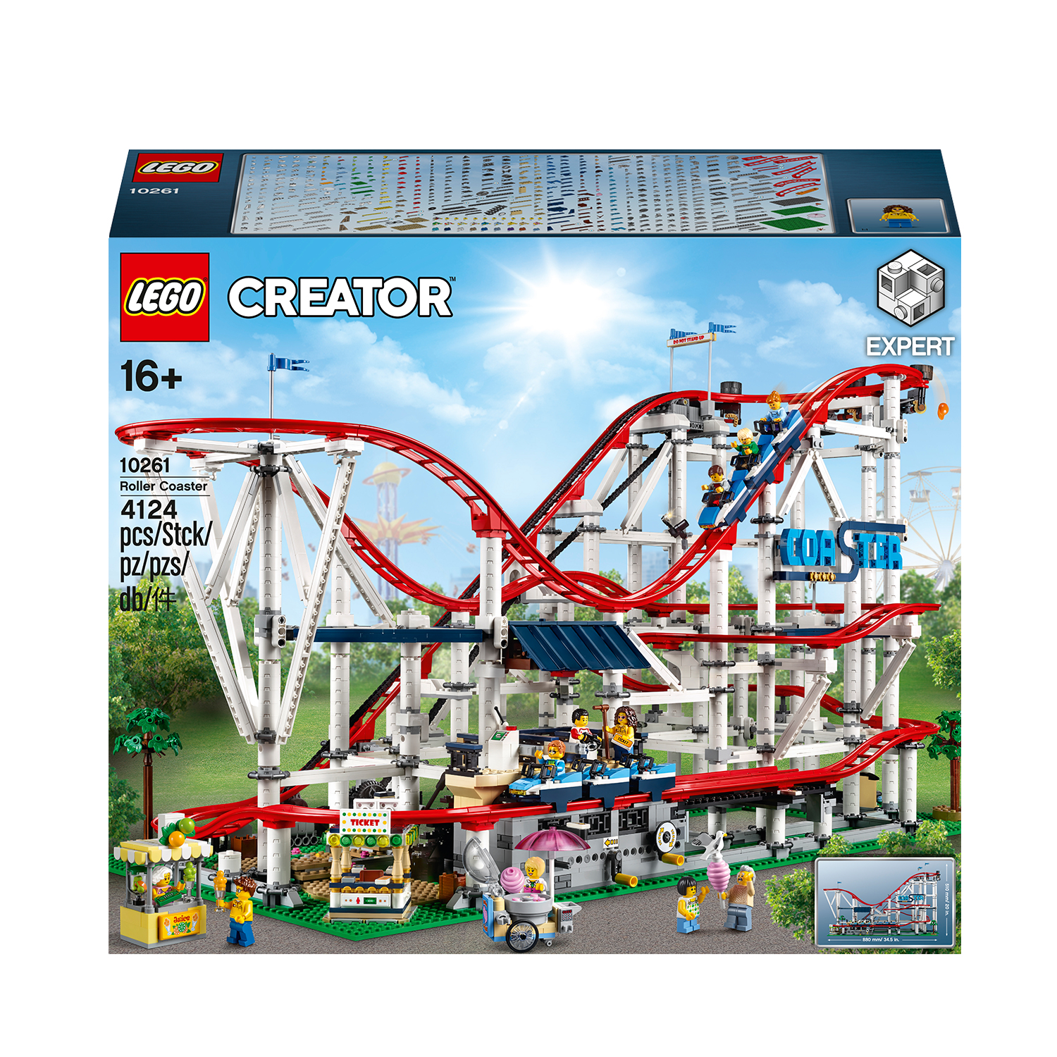 Zestaw kolejki górskiej Lego. Czerwono-biały tor, niebieskie podpory, figurki i szczegóły parku rozrywki.