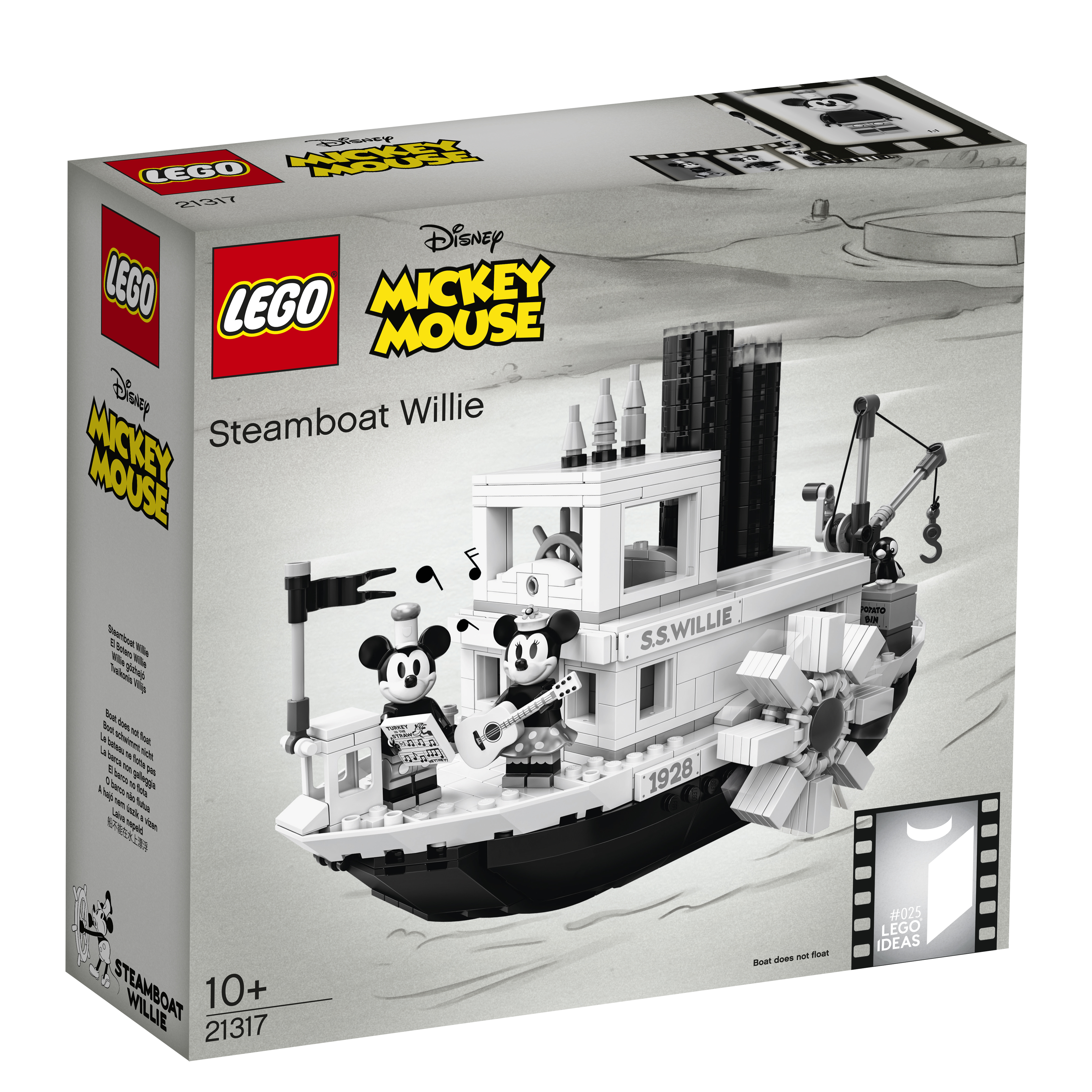 Lego Mickey Mouse set: Steamboat Willie. Features a black and white steamboat with figures.