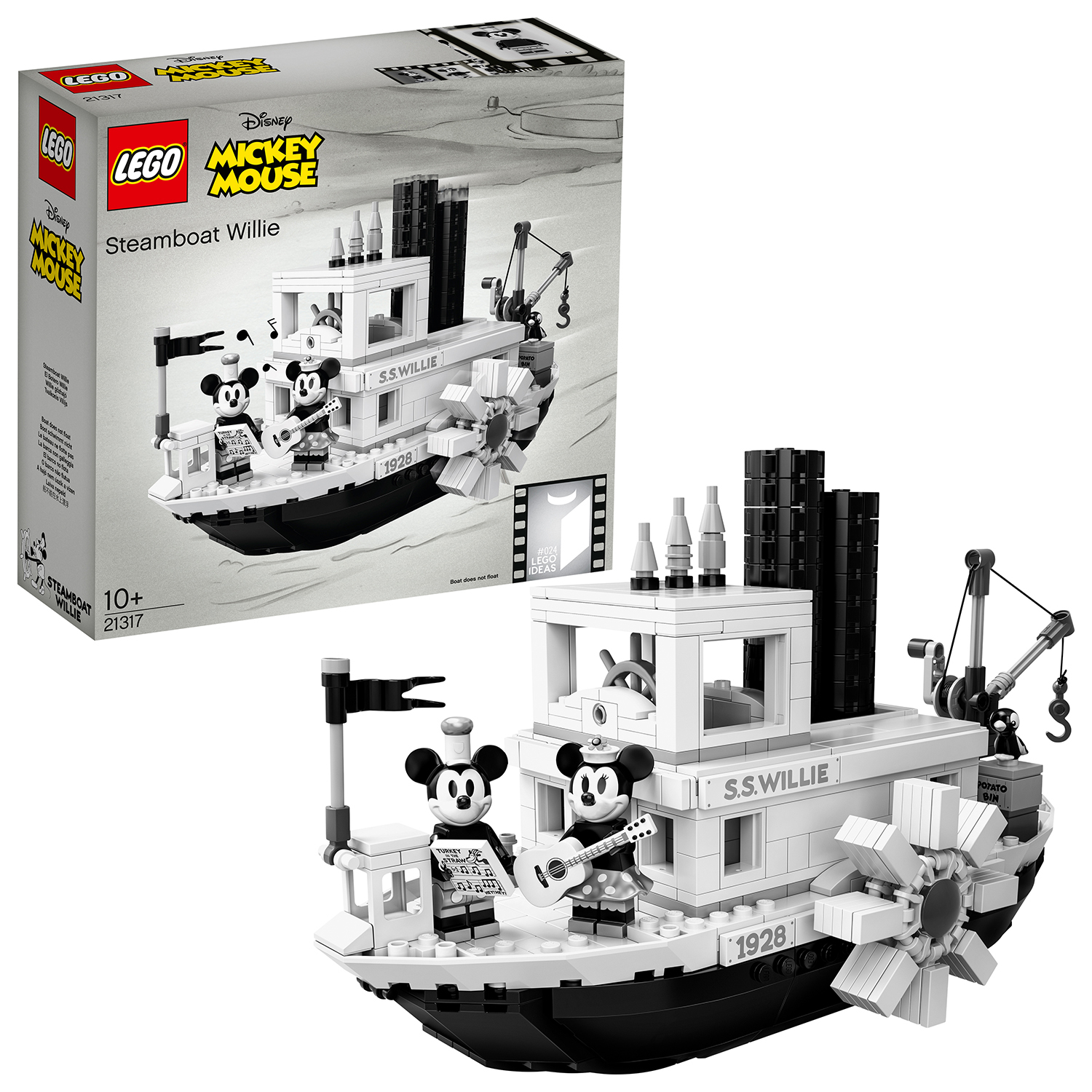 Lego Steamboat Willie set. Black and white boat with Mickey Mouse figures.