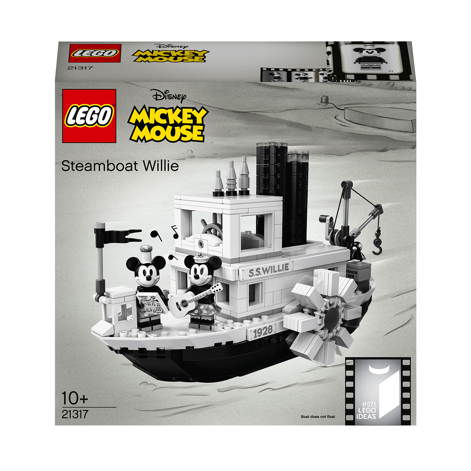 LEGO Steamboat Willie set, featuring Mickey and Minnie Mouse on a black and white steamboat.