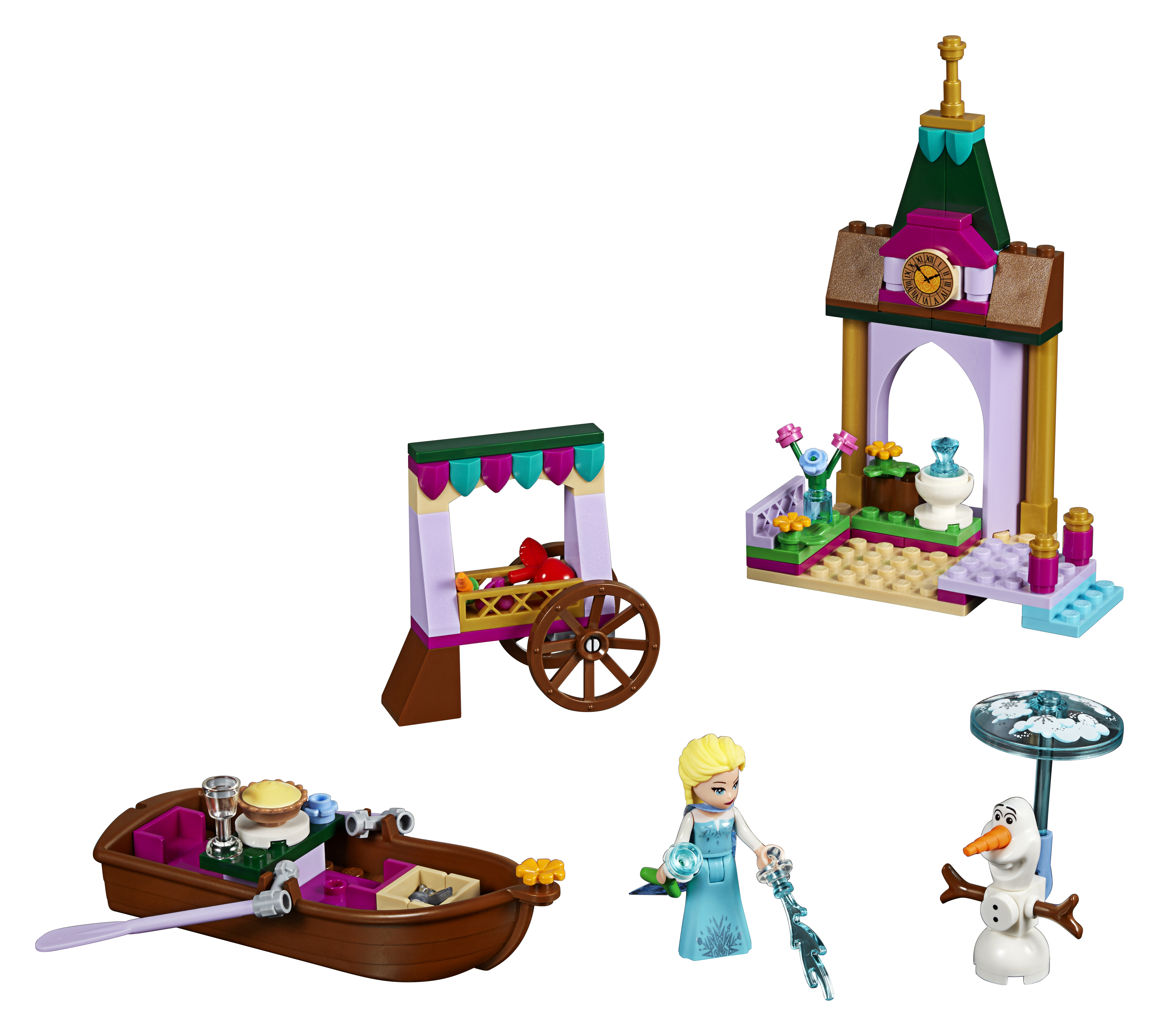 Set Lego Frozen. Barca, mercato, castello di ghiaccio, personaggi di Elsa e Olaf.