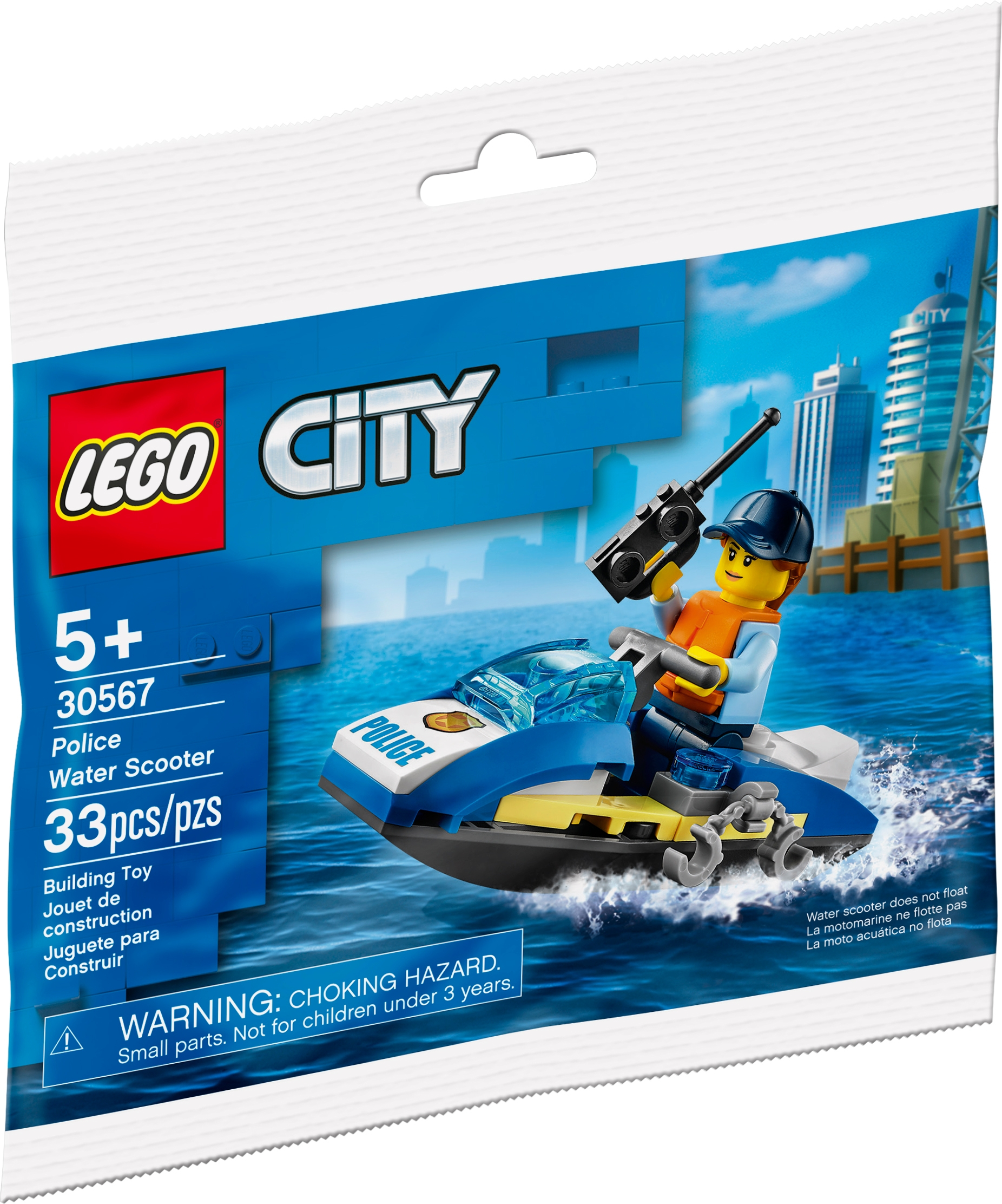 Ensemble Lego City avec un scooter nautique de police, une figurine de policier et un design bleu et blanc.