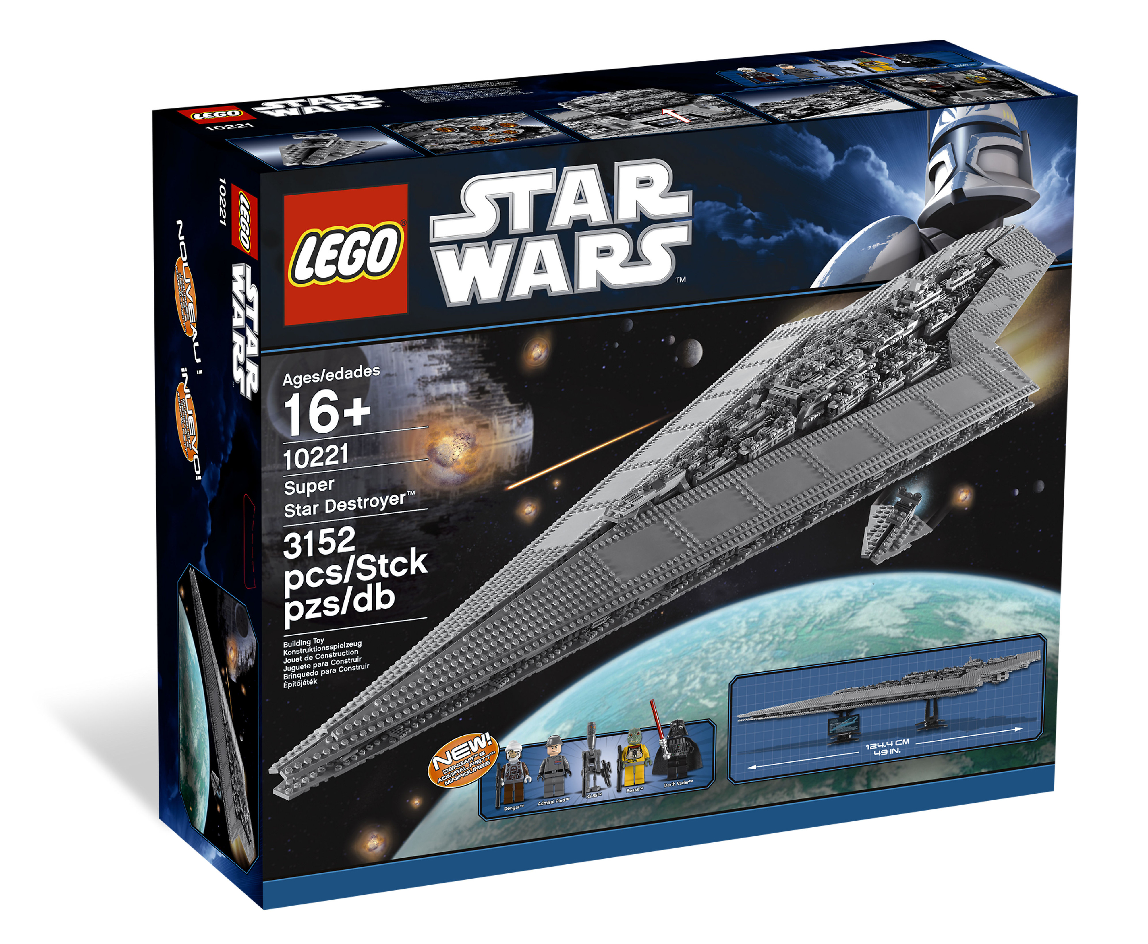 Lego Star Wars Super Star Destroyer setdoos, een groot ruimteschipmodel.