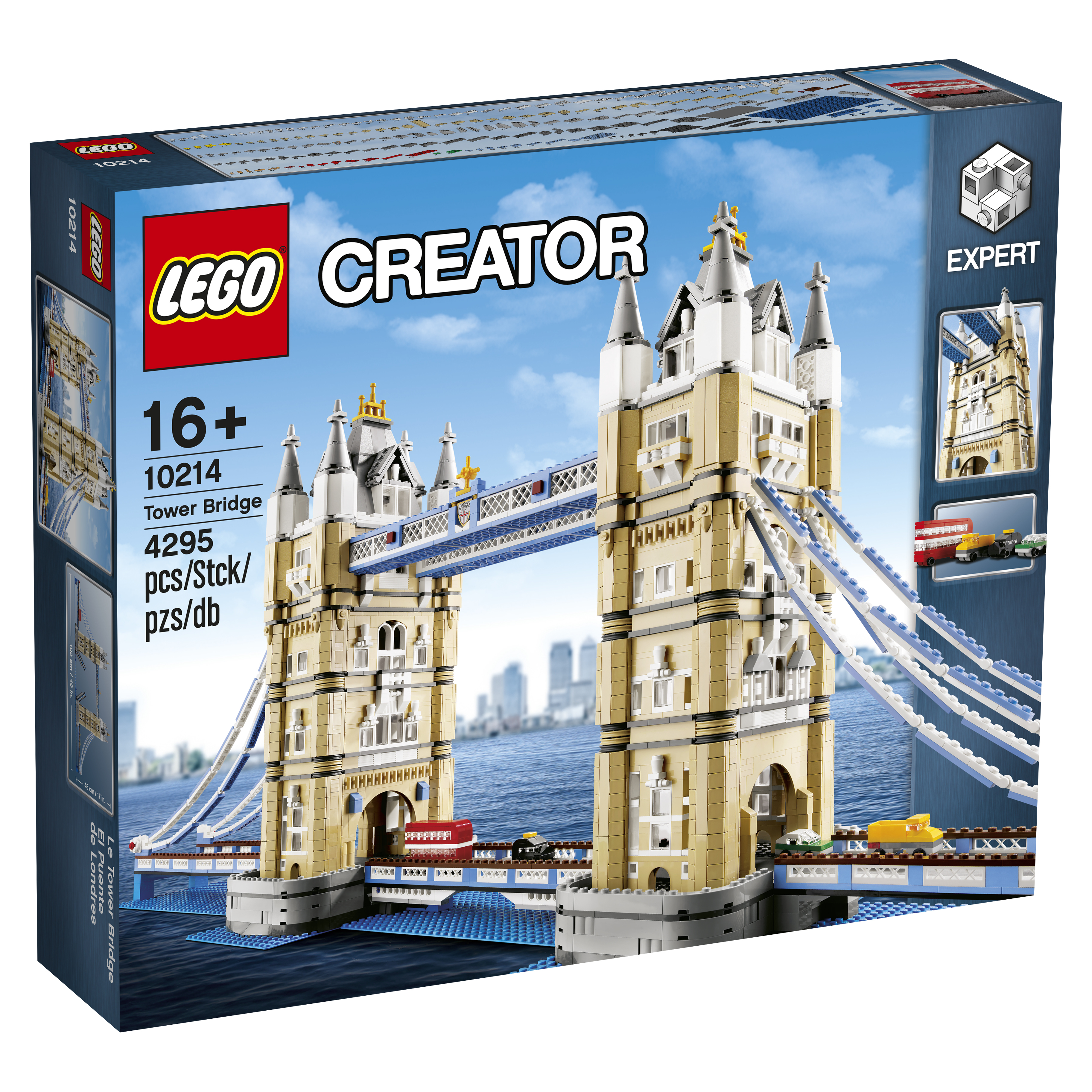 Pudełko zestawu Lego Creator Tower Bridge. Most jest pokazany na pudełku z panoramą Londynu.