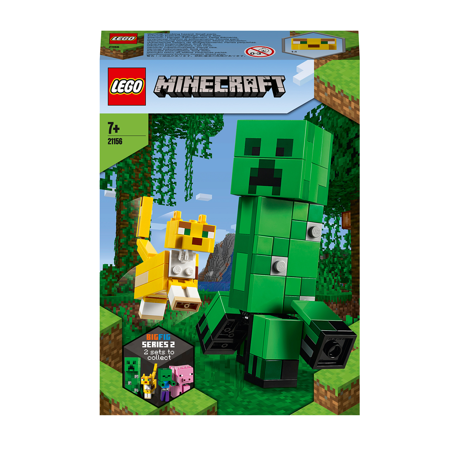 Lego Minecraft-set. Bevat een grote groene Creeper-figuur en een gele kat. Toont de Lego Minecraft-doos.