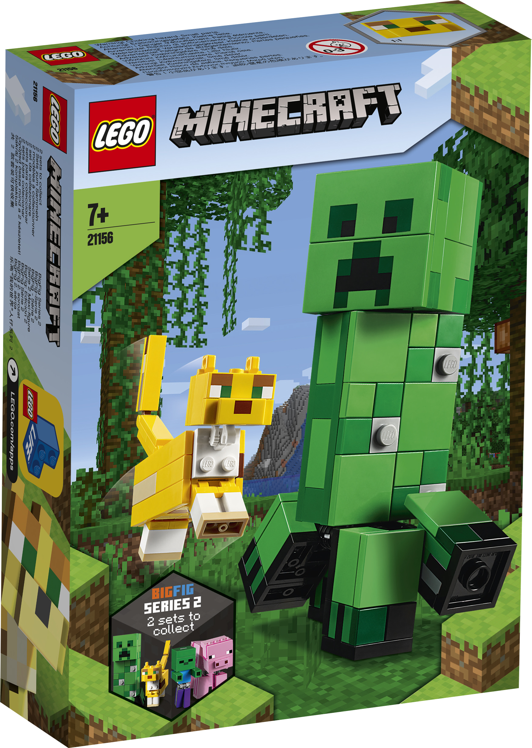 Lego Minecraft set met een grote groene Creeper en een gele kat. De doos toont een bosscene.