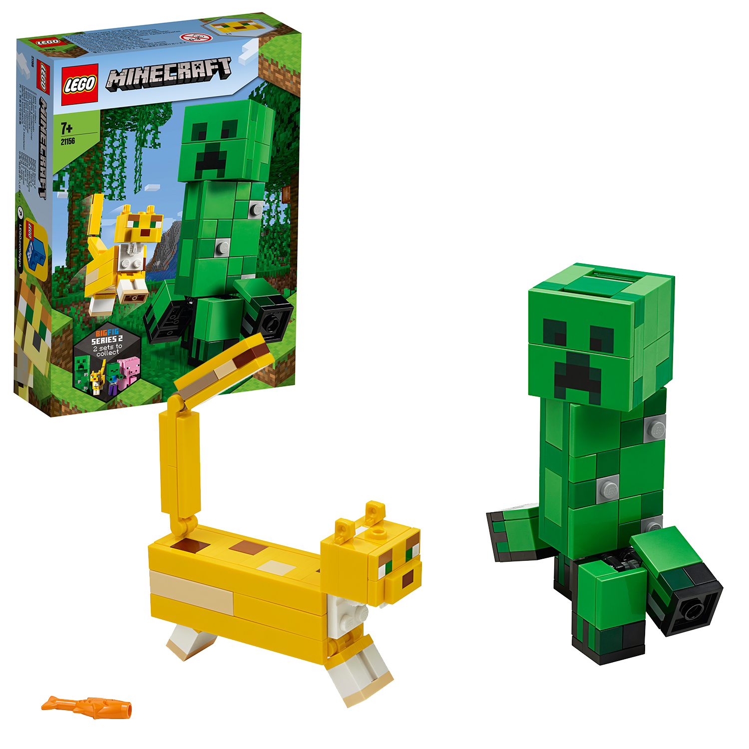 Lego Minecraft set. Groene Creeper en een gele kat figuur met een doos.