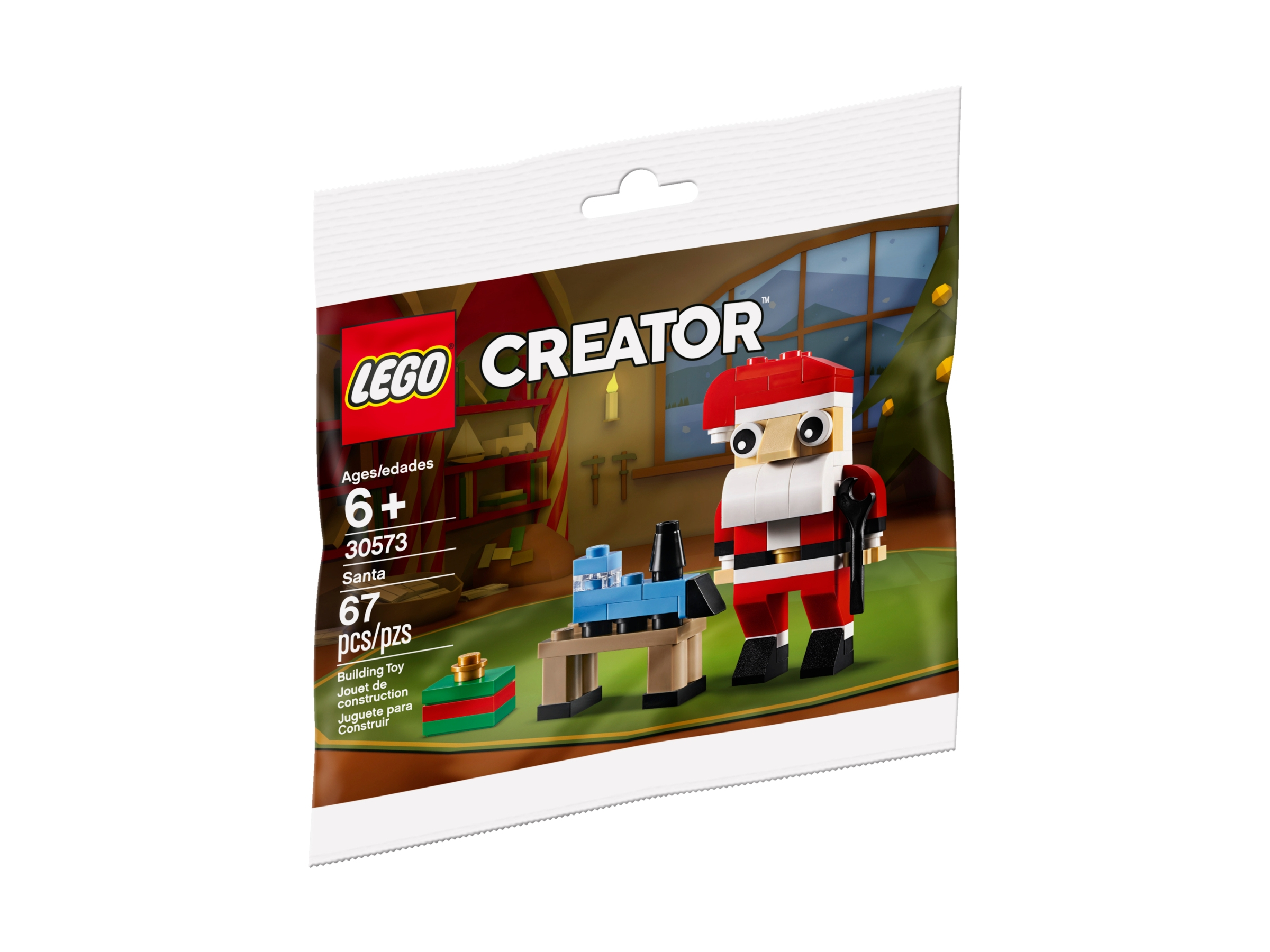 Bir Lego Creator Noel Baba figürü bir torbada. Noel Baba'nın küçük bir oyuncak yapımını gösteriyor.