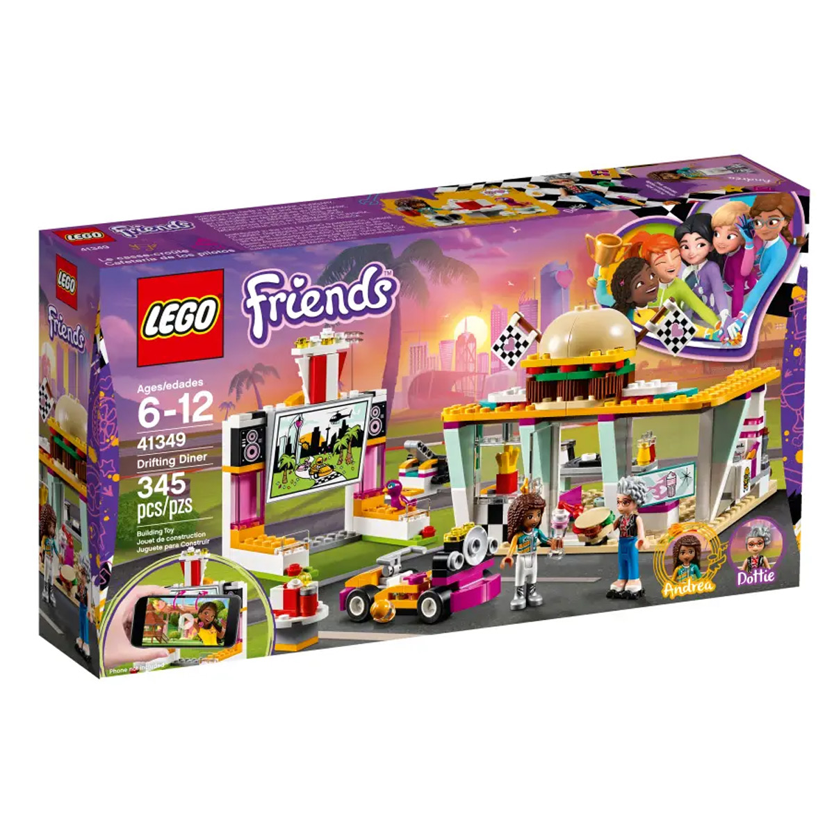 Una scatola del set LEGO Friends che mostra una scena di una tavola calda con figure e auto da corsa, e un telefono con una foto.