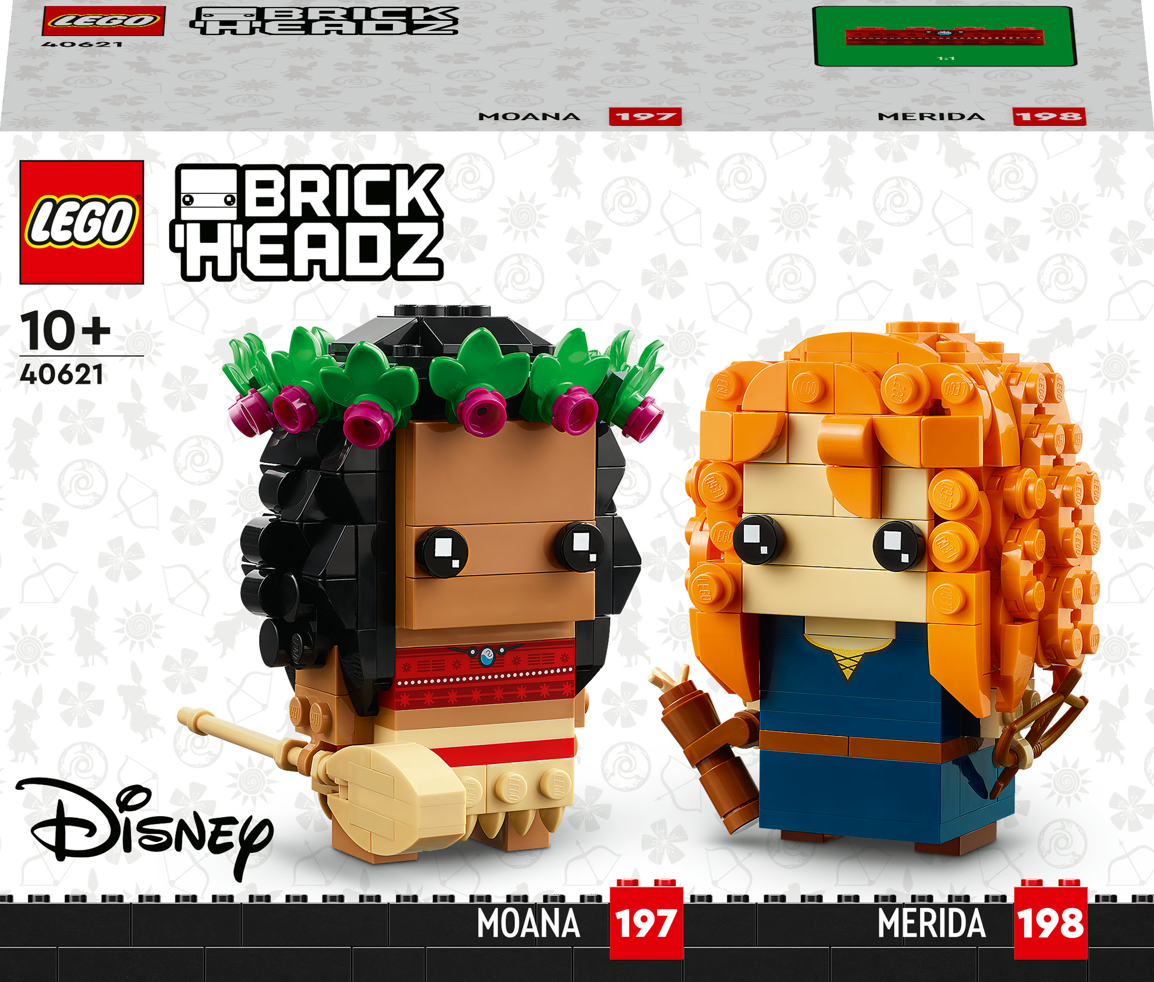 Ensemble LEGO BrickHeadz avec les figurines Moana et Merida. Moana a une couronne de fleurs, Merida a les cheveux roux et un arc.