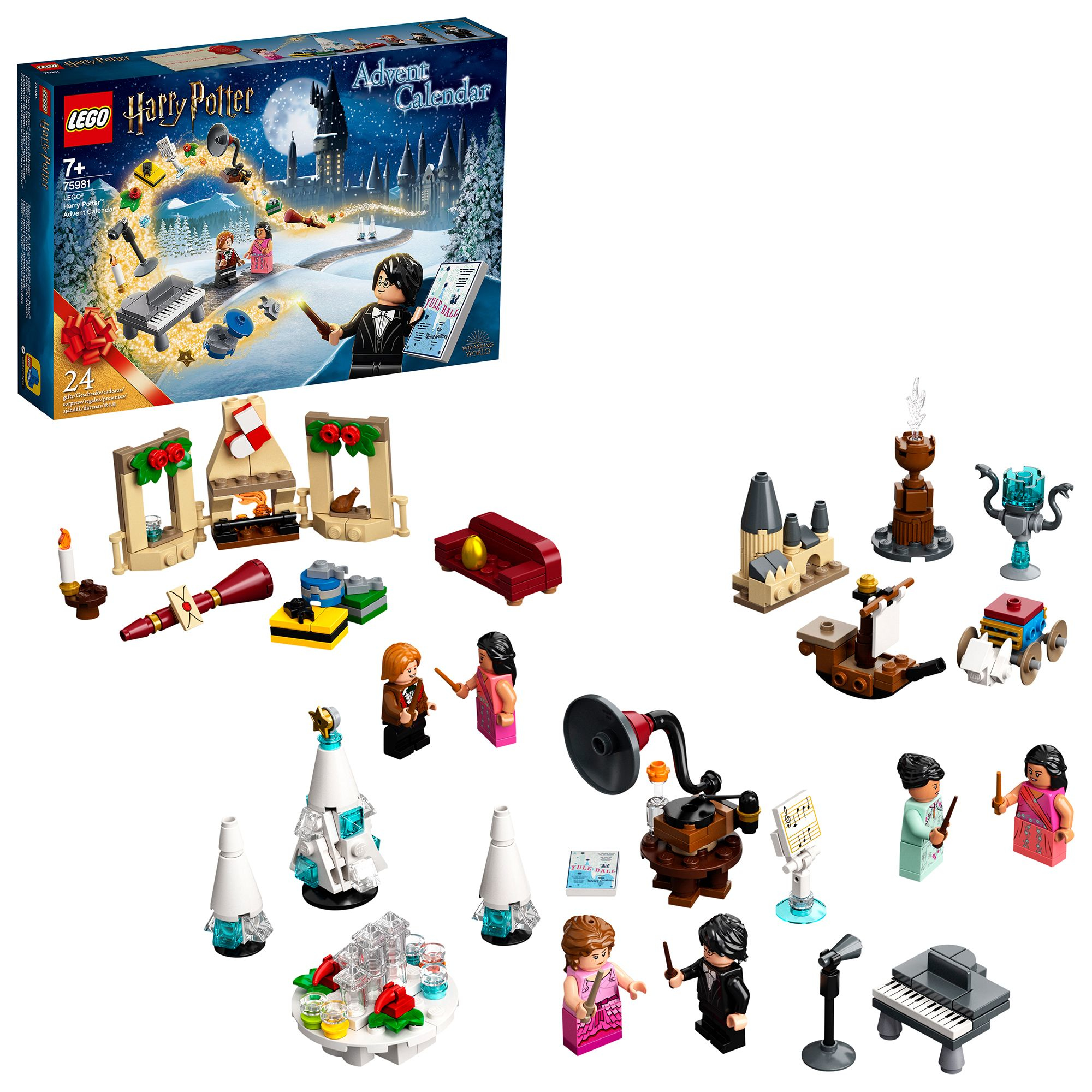 Zestaw Lego Harry Potter Advent Calendar z minifigurkami i różnymi budowlami tematycznymi.