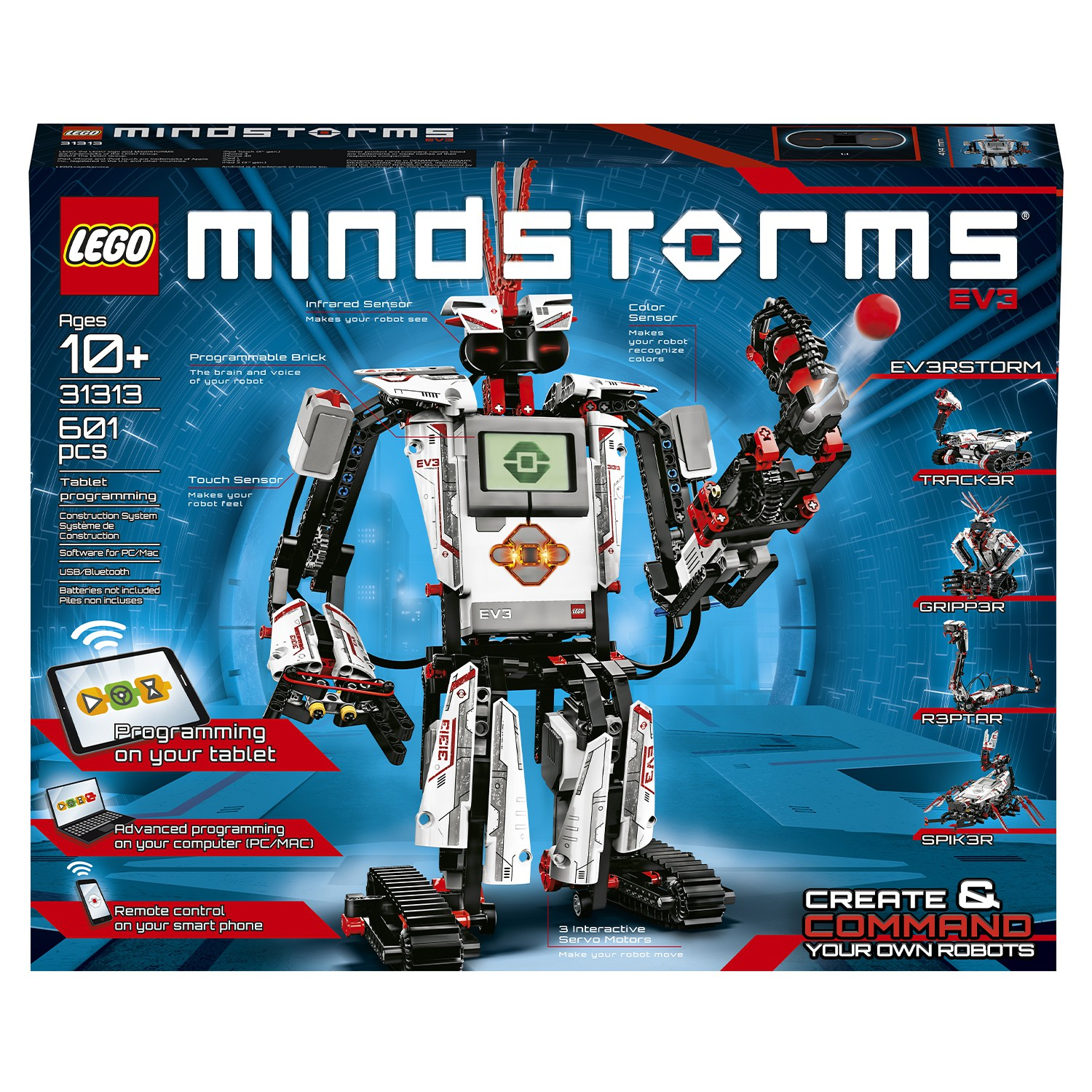 Lego Mindstorms EV3 robot set met een programmeerbare steen en verschillende robotontwerpen.