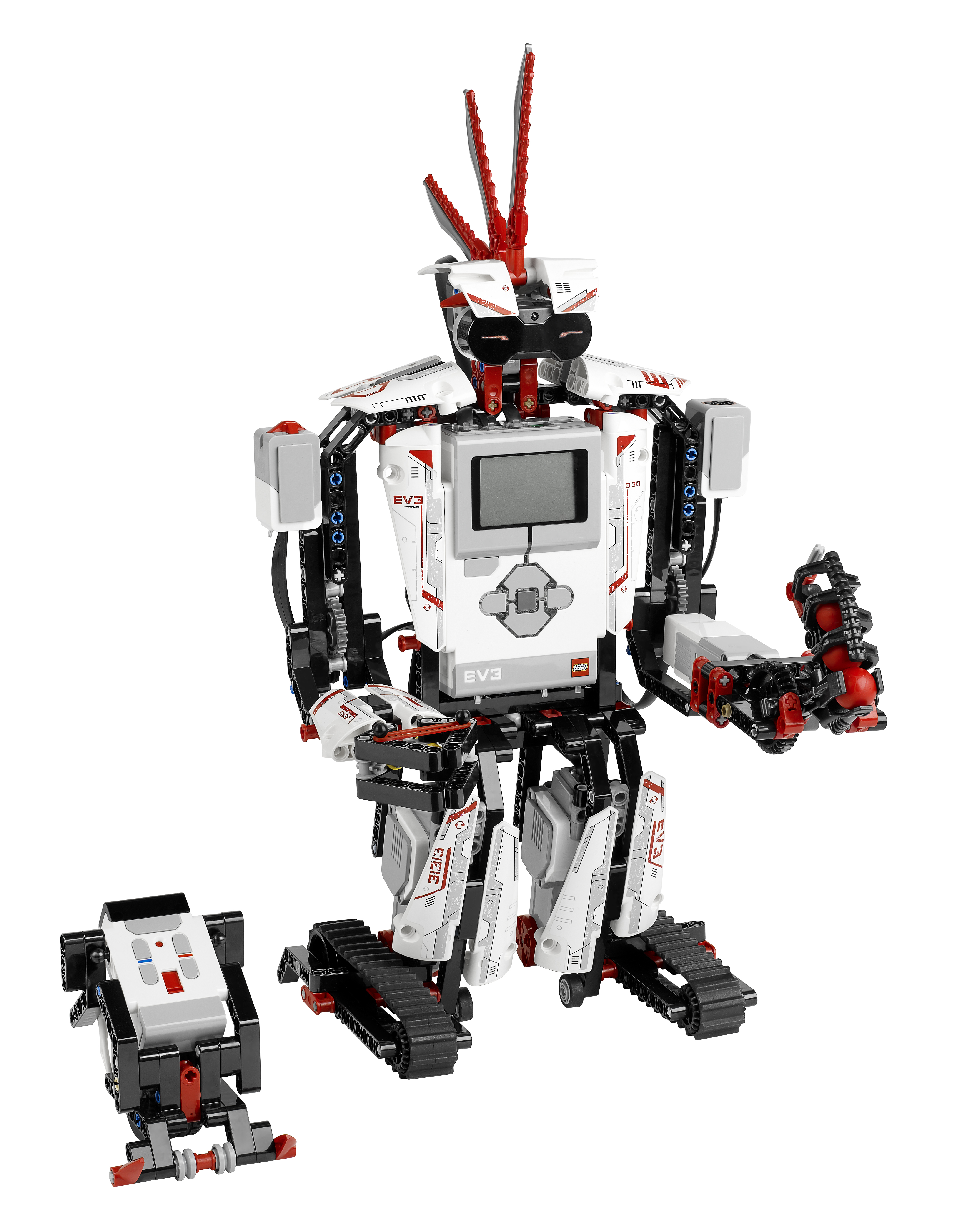 Een LEGO robot met een kleinere metgezel robot. De hoofdrobot is wit, zwart en rood.