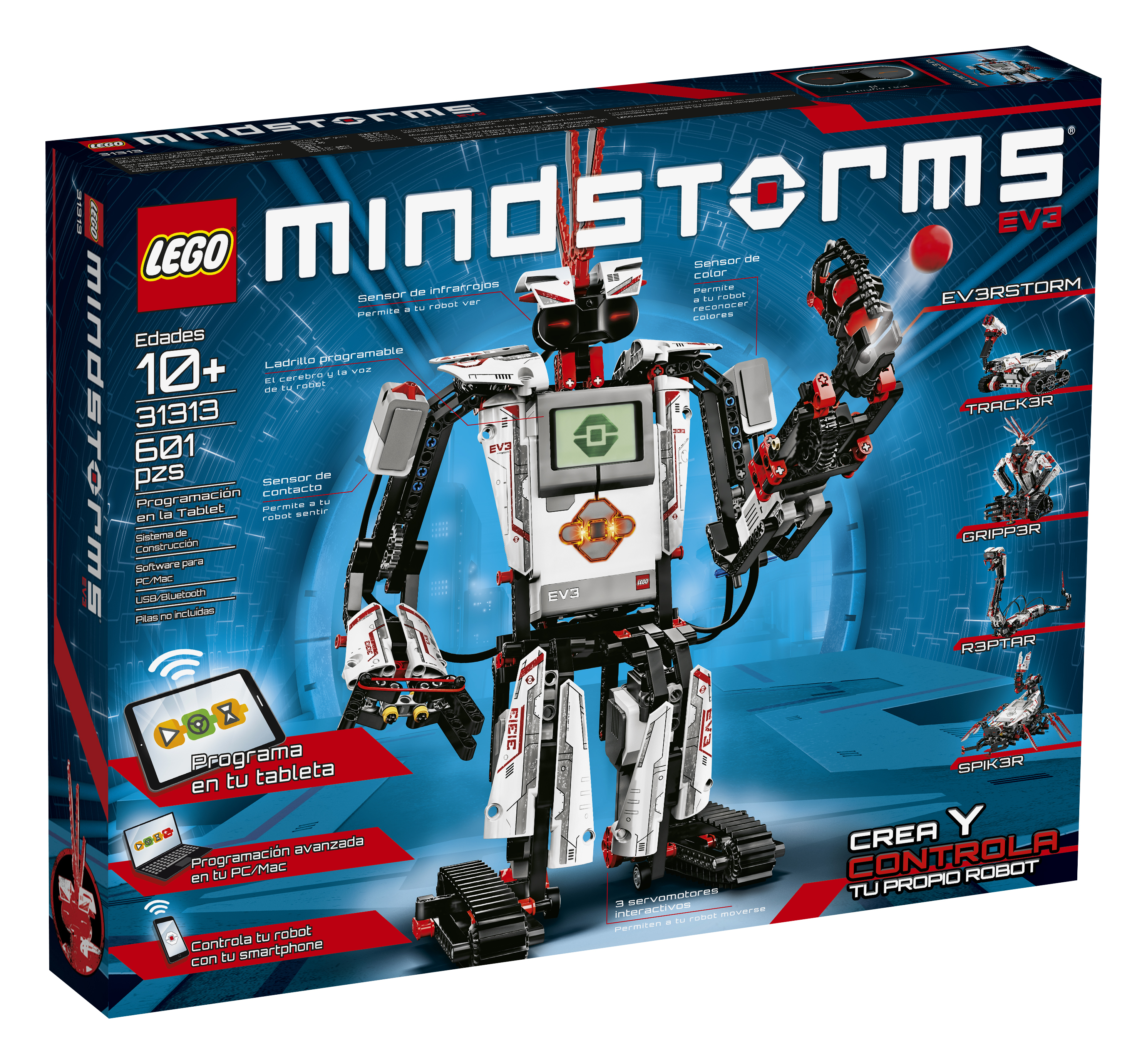Lego Mindstorms EV3 robotkit. Een robotmodel met diverse hulpstukken en een bedieningstablet.