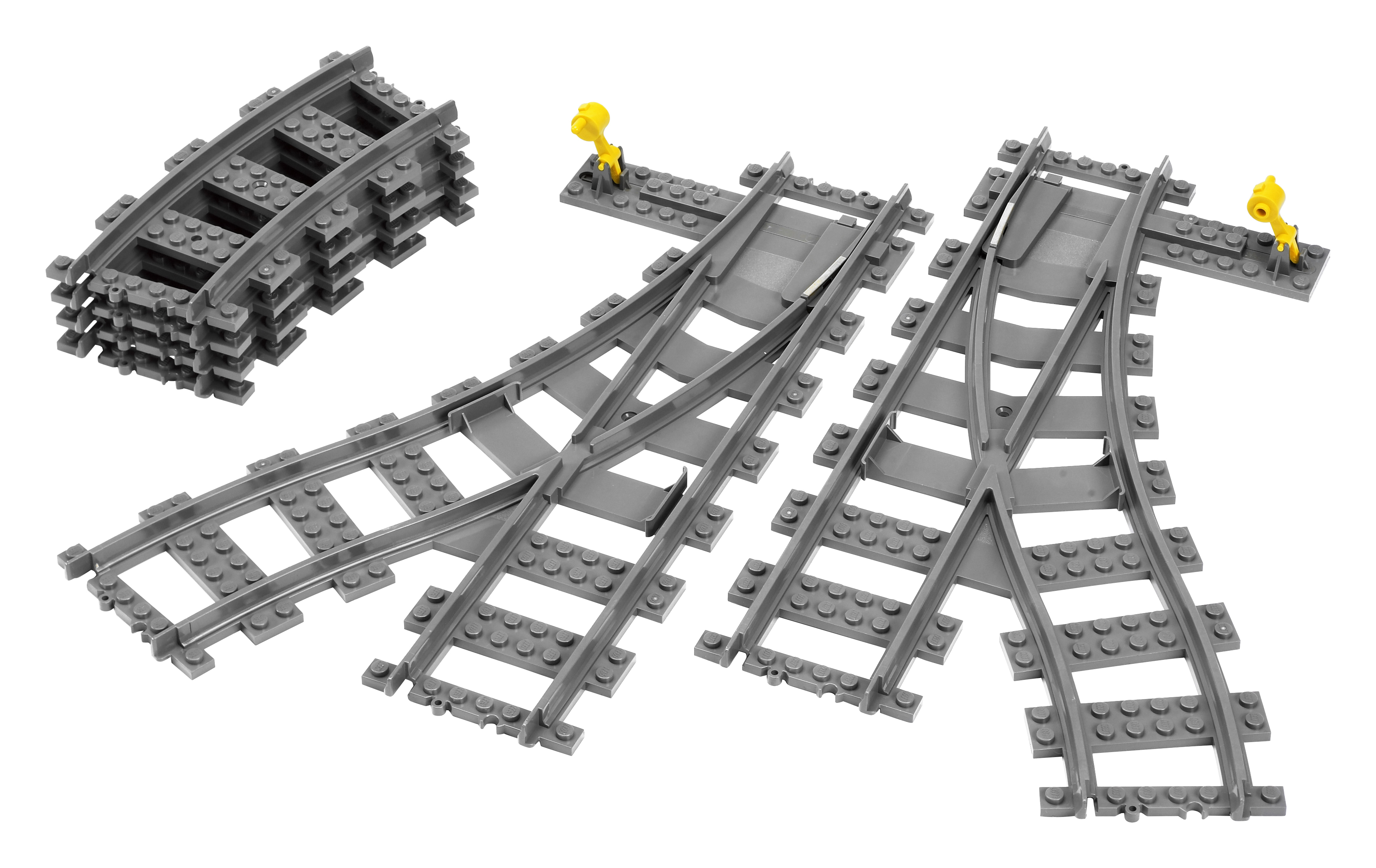 Binari del treno Lego con un mucchio, scambi e segnali, tutto grigio.