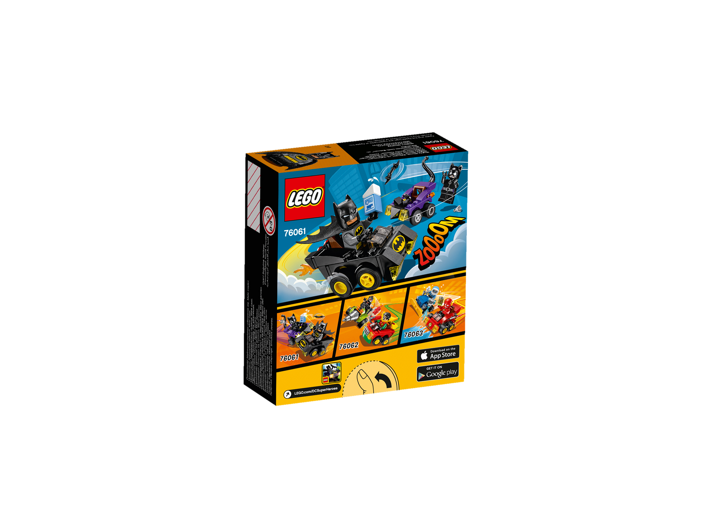 Lego Batman-setdoos, met Batman in een Batmobile, en afbeeldingen van andere voertuigen en personages.