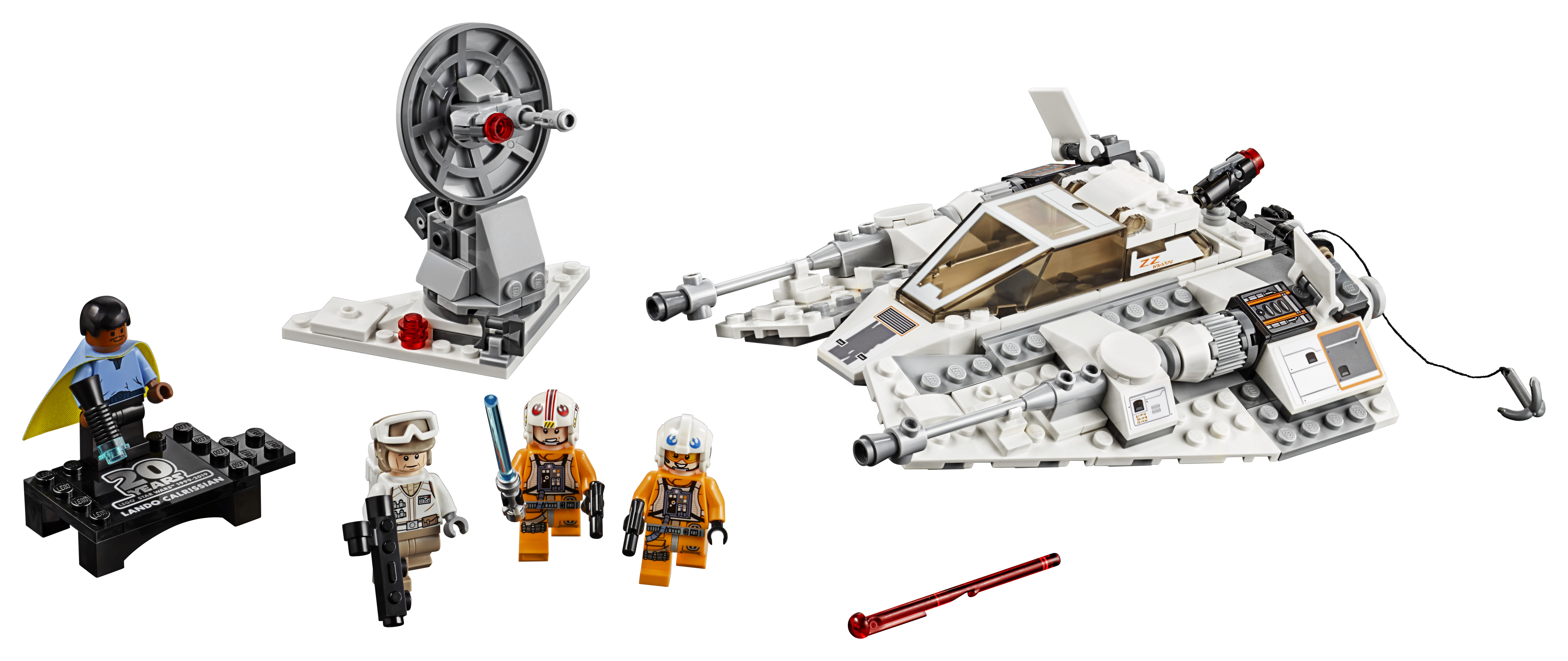 Un set Lego Star Wars con uno snowspeeder e figure su sfondo bianco.