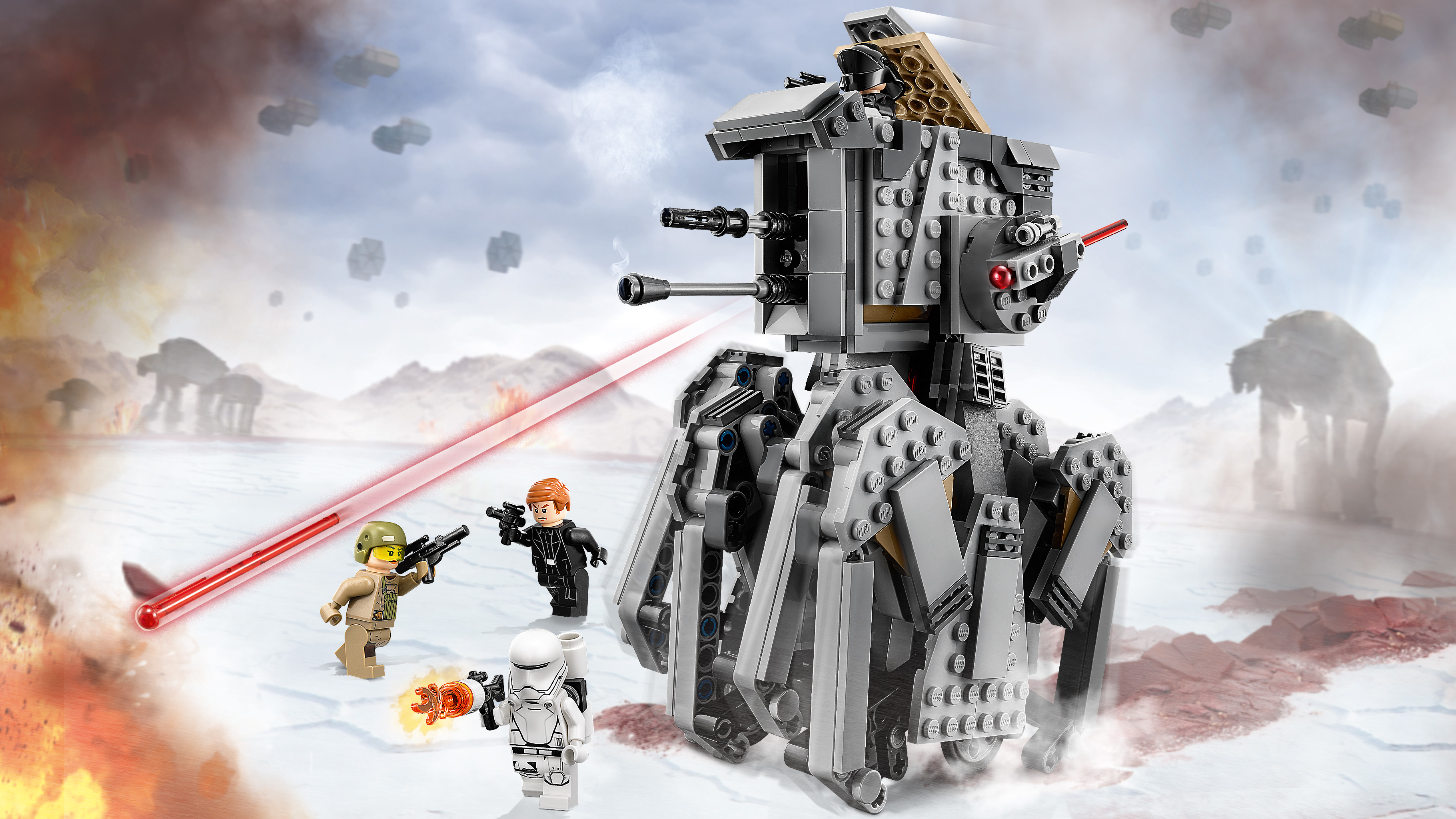 Zestaw Lego Star Wars. Zawiera pojazd kroczący, figurki żołnierzy i ogień z laserów w zaśnieżonej scenerii.
