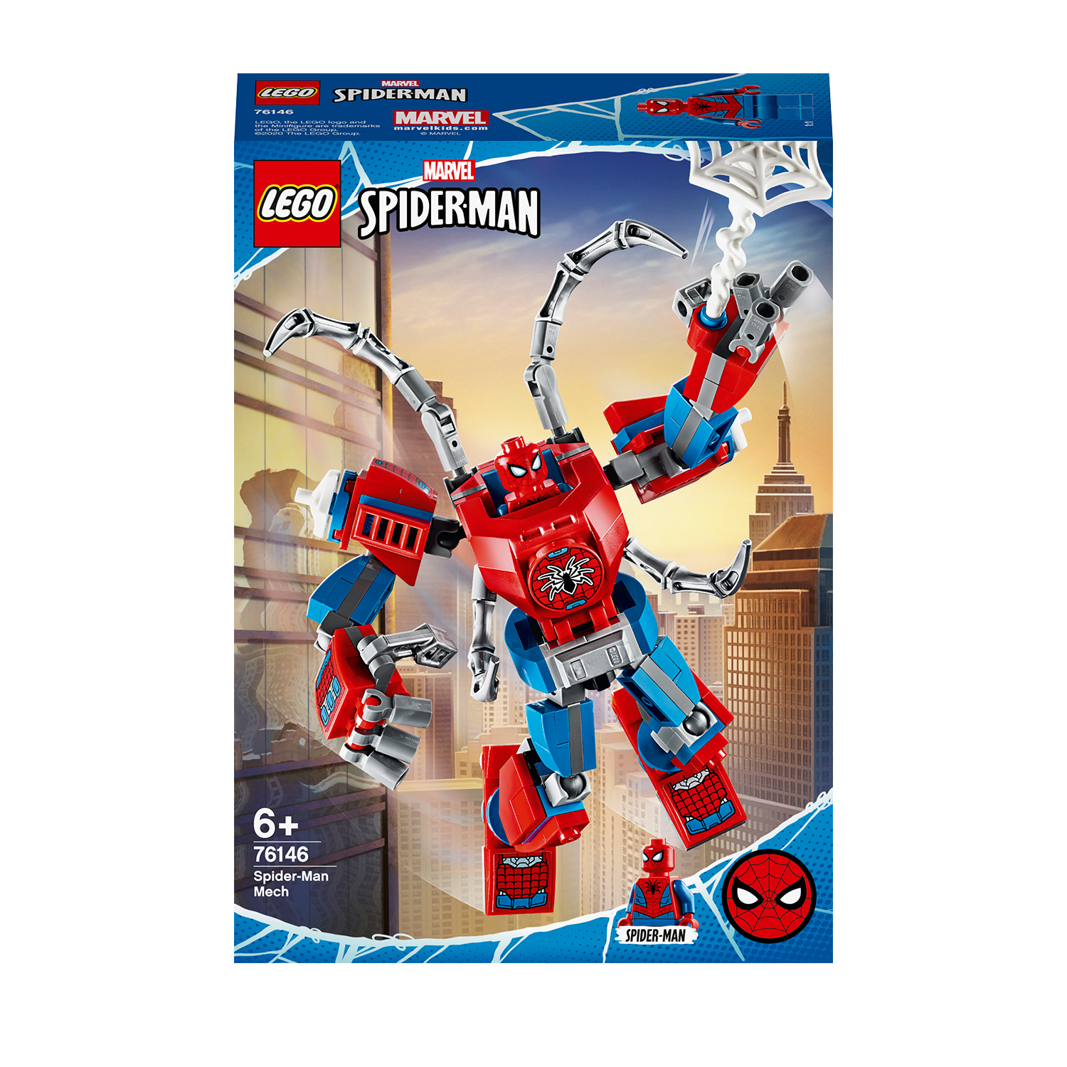 Pudełko zestawu Lego Spiderman. Czerwono-niebieski mech Spidermana z tłem panoramy miasta.