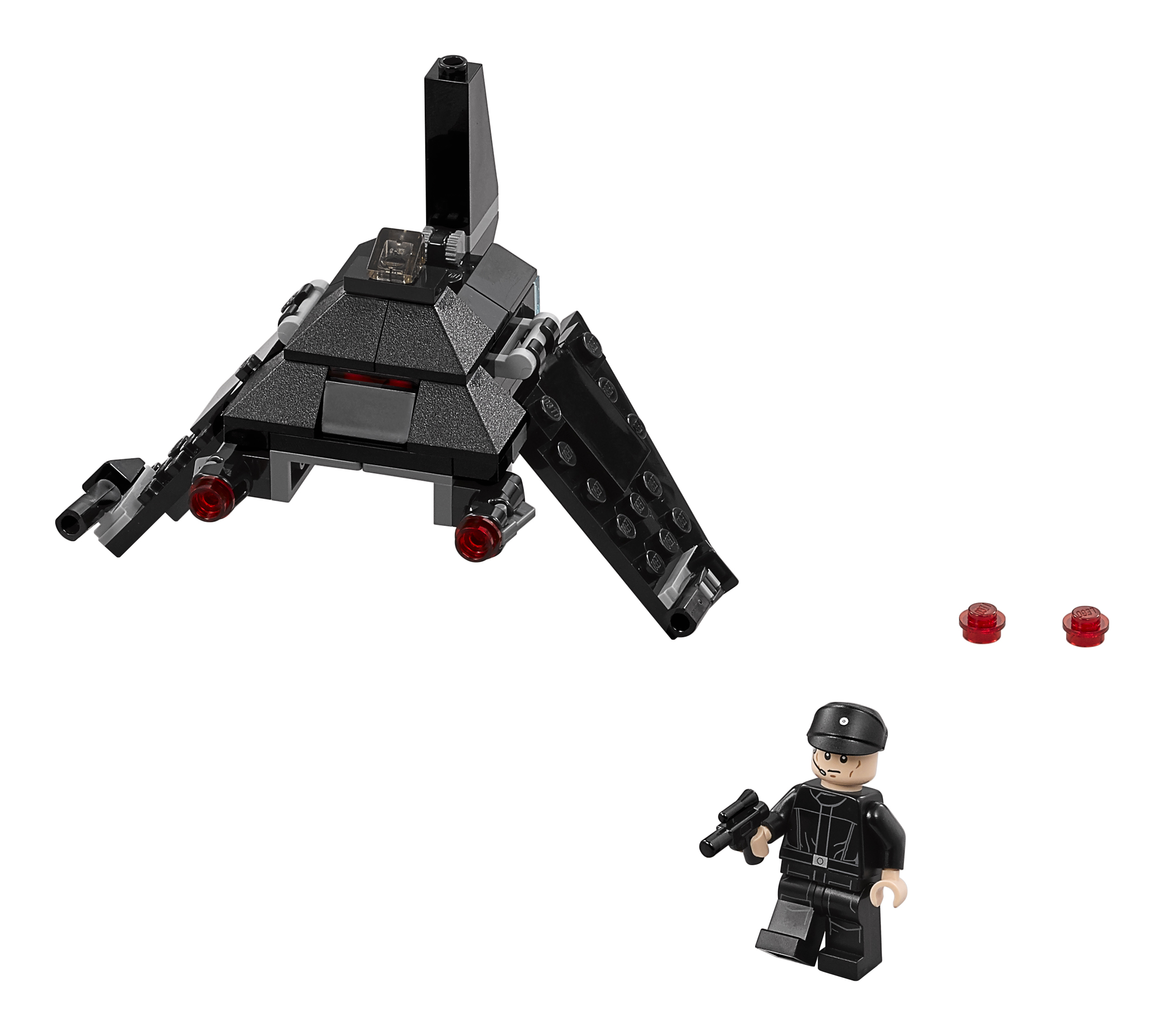 Navetta Lego nera con una minifigure e due pezzi rotondi rossi. La minifigure indossa un'uniforme nera.