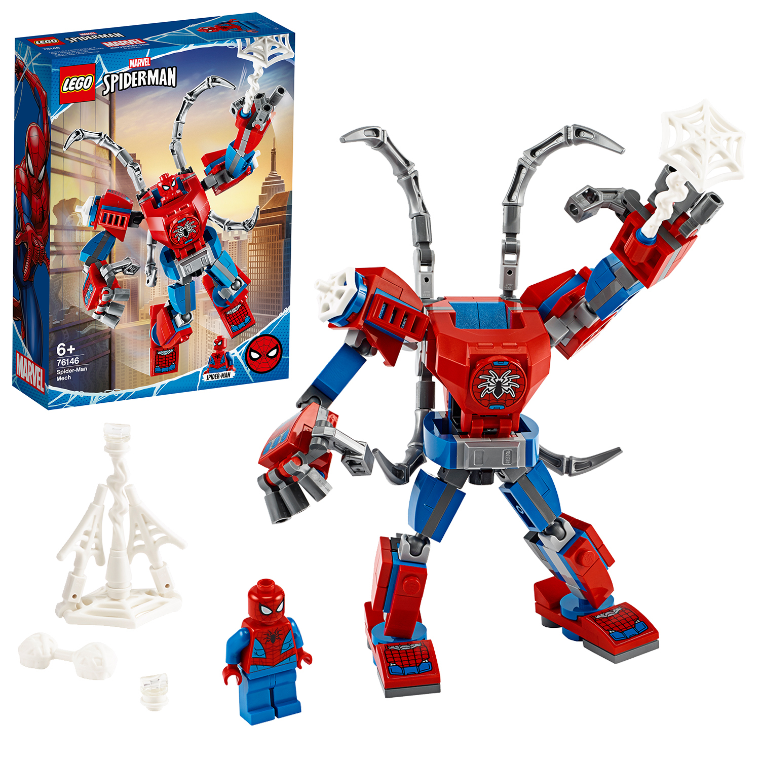 Zestaw Lego Spider-Man. Zawiera czerwono-niebieski mech, minifigurkę Spider-Mana i akcesoria.