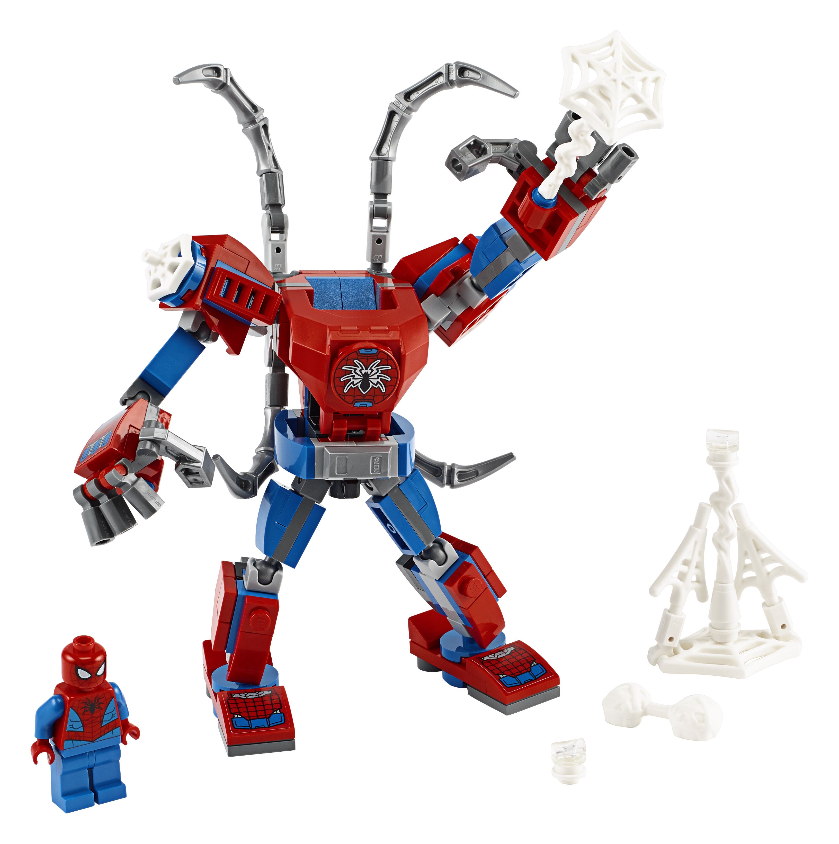 Mech LEGO Spider-Mana. Czerwono-niebieski mech z logo pająka, minifigurka Spider-Mana. Białe tło.