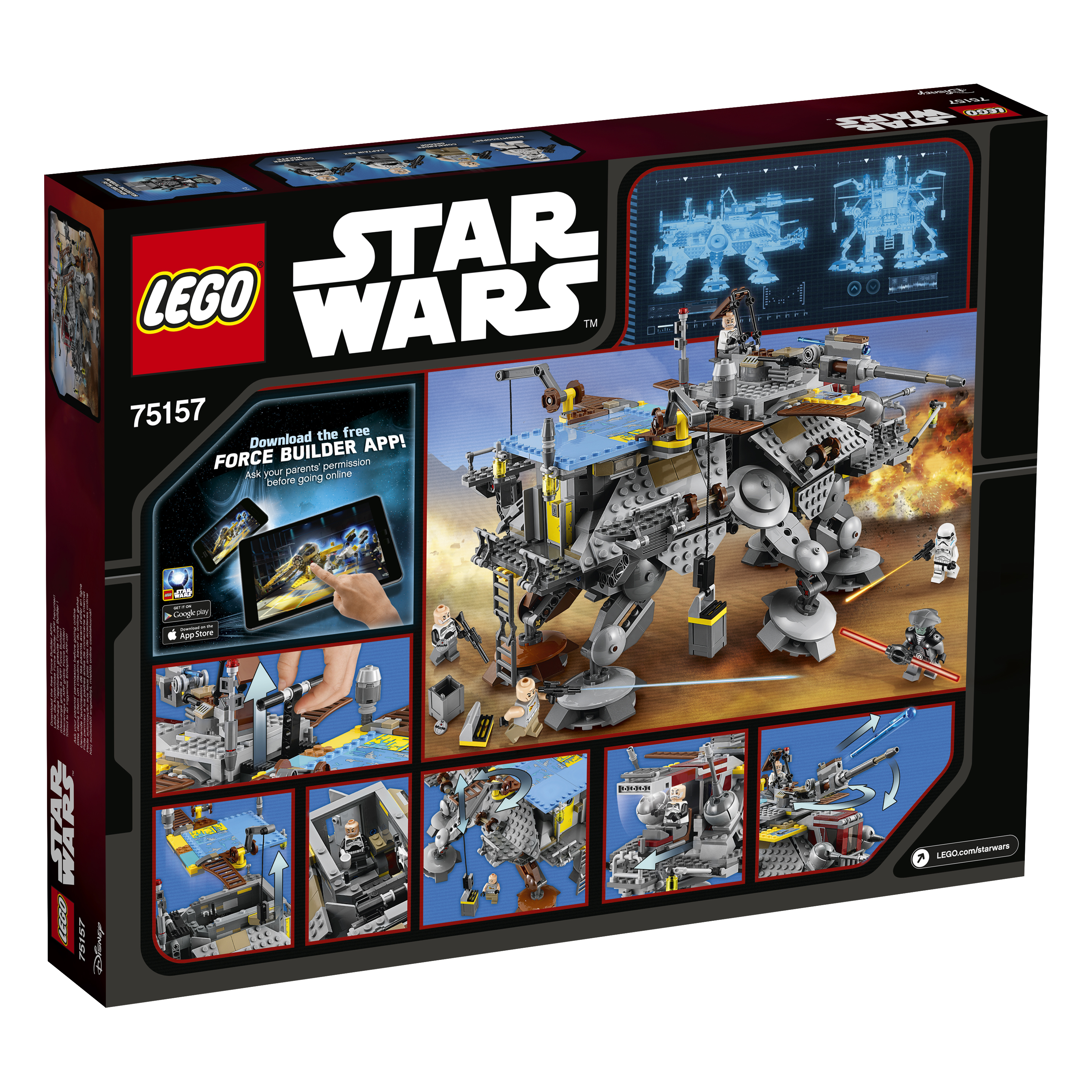 Pudełko zestawu Lego Star Wars z AT-TE Walker na wyświetlaczu, ze zdjęciami figurek i konstrukcji.