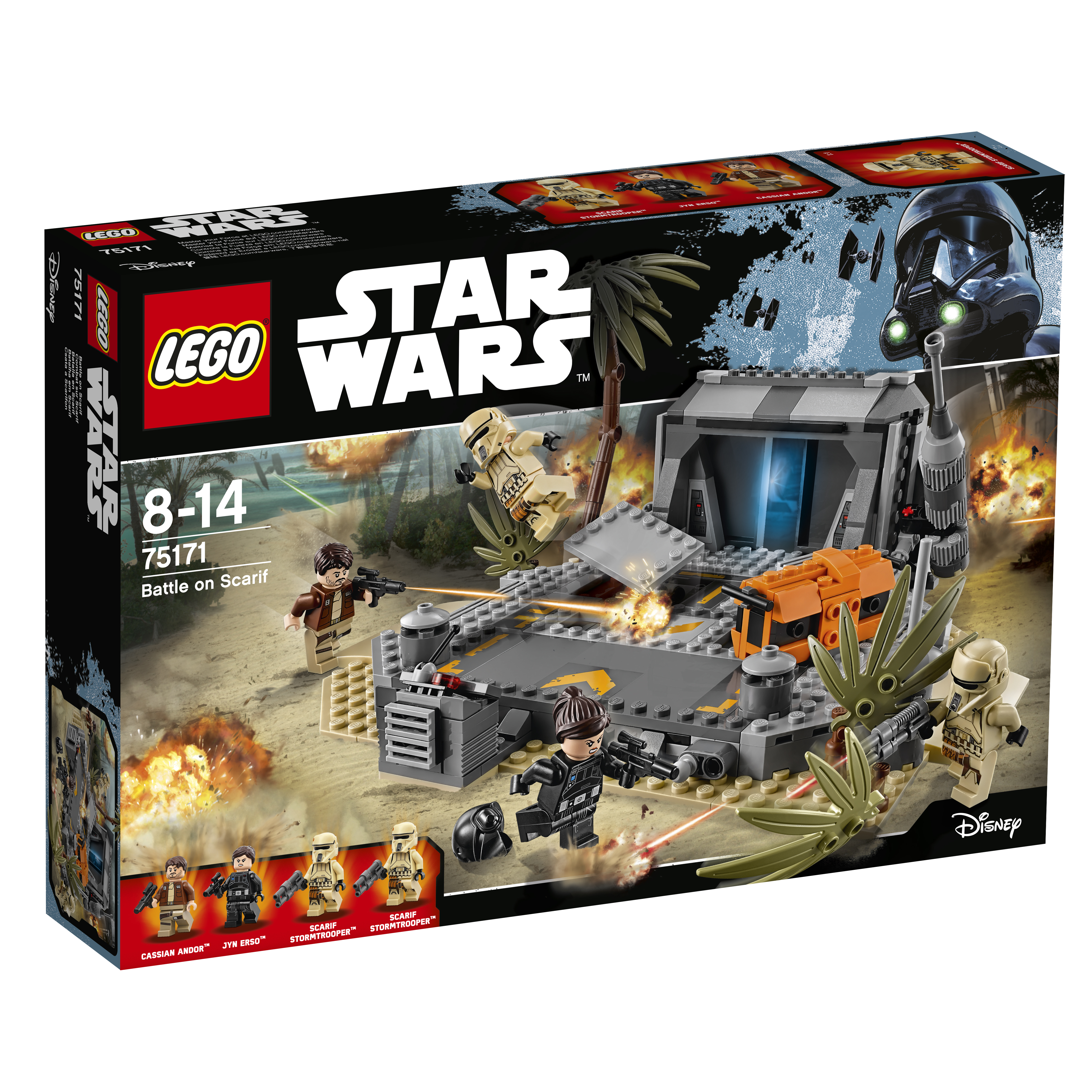 Set LEGO Star Wars : scène de bataille avec des figurines et des structures.