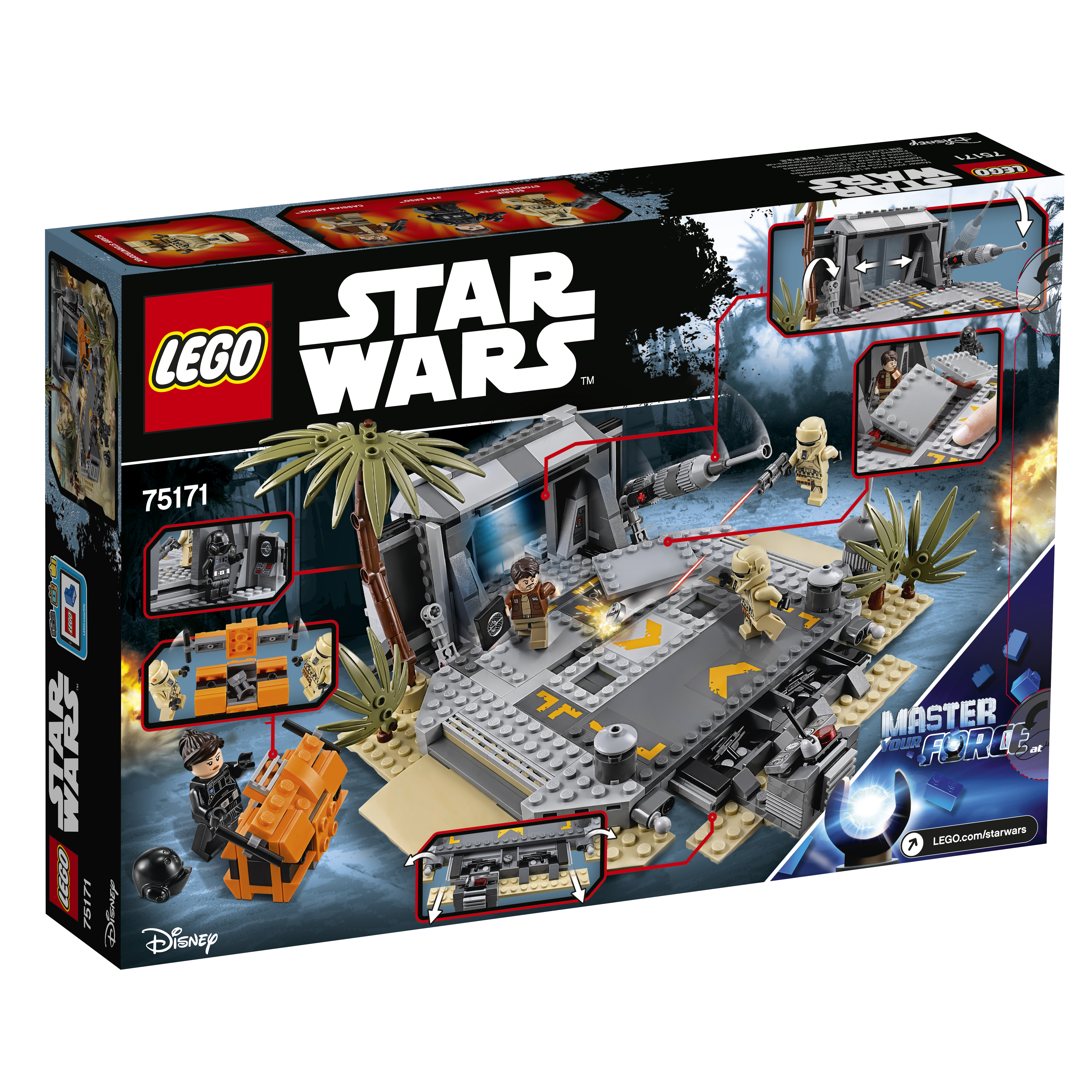 Un ensemble LEGO Star Wars avec un véhicule et plusieurs figurines sur une plage avec des palmiers. La boîte est montrée.