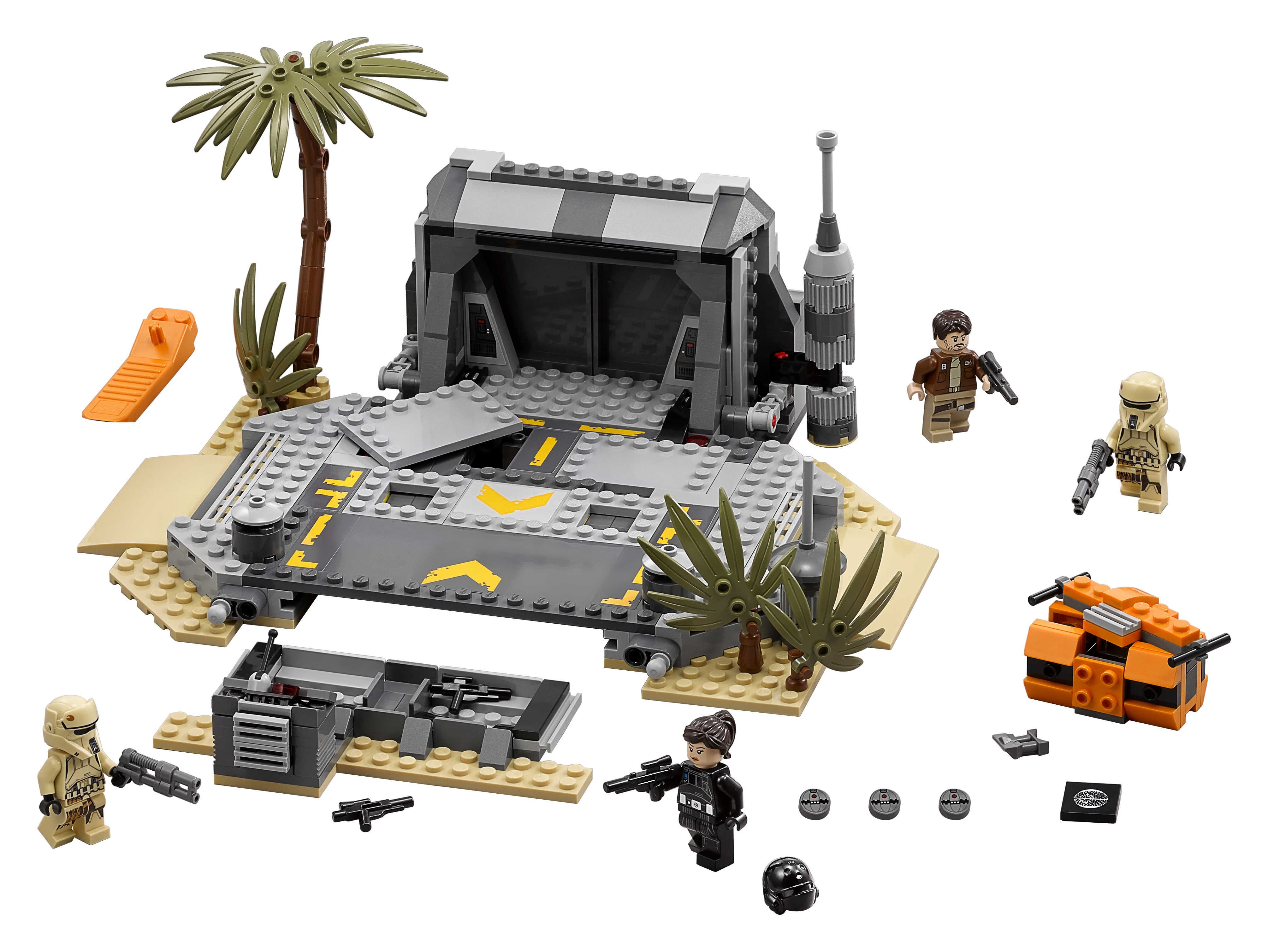Ensemble Lego Star Wars avec une scène de désert, comprenant une structure, des figurines et un véhicule orange.