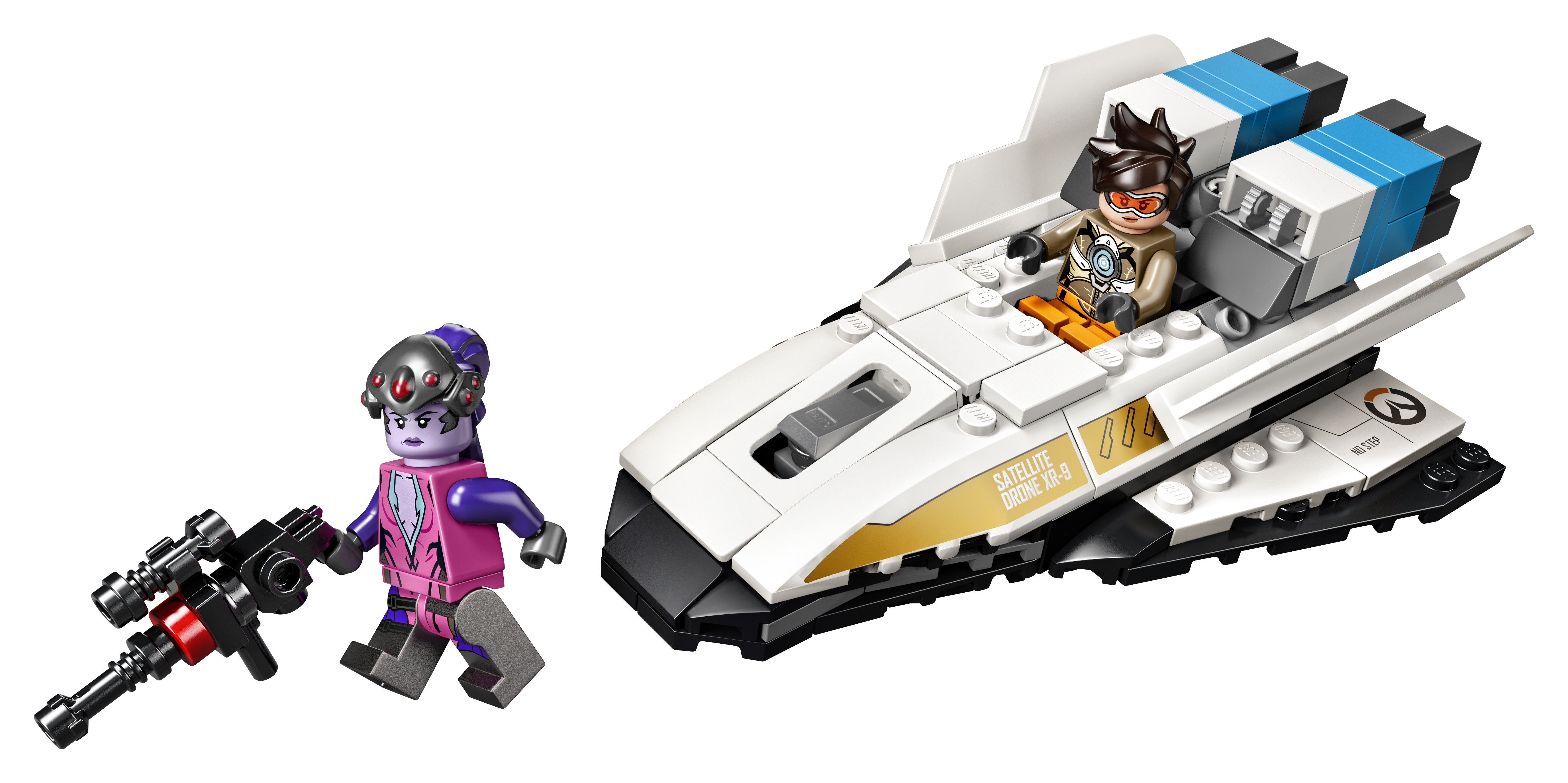 Set Lego Overwatch con due figure: Widowmaker e Tracer con un veicolo bianco e giallo.