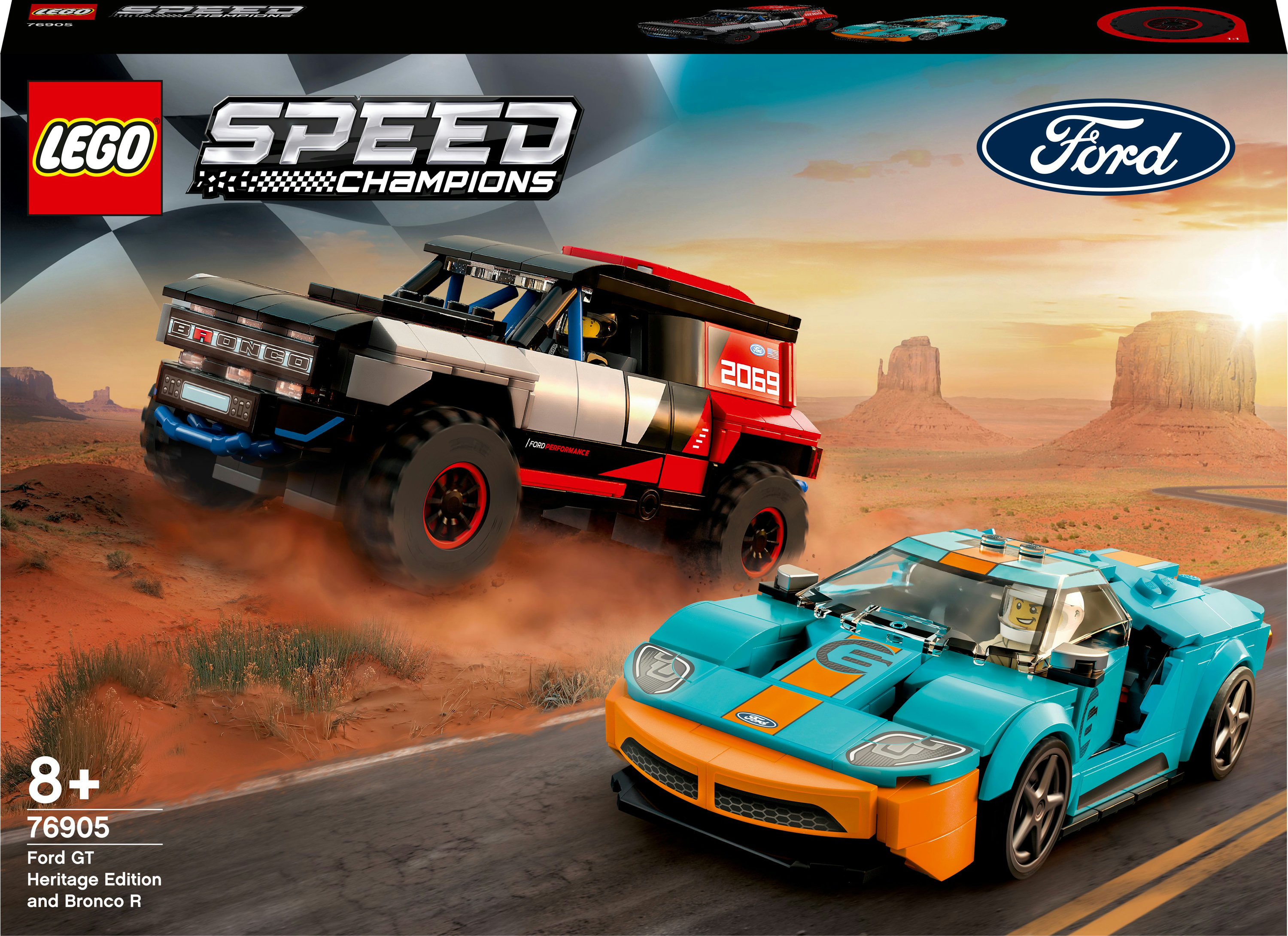 Zestaw Lego Speed Champions z Fordem GT i Bronco R na tle drogi.