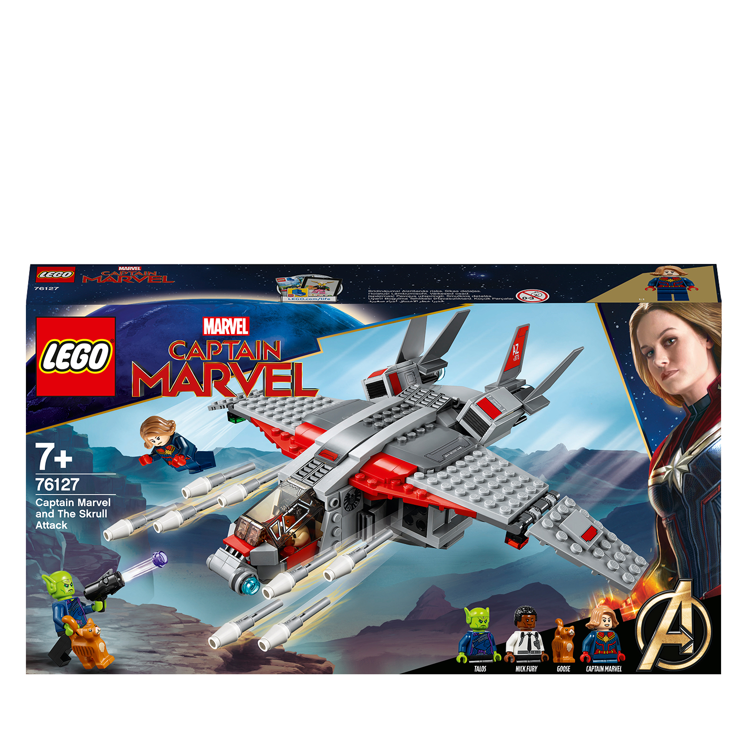 Pudełko z zestawem Lego Captain Marvel. Zawiera statek kosmiczny z figurkami Kapitan Marvel i Skrull.