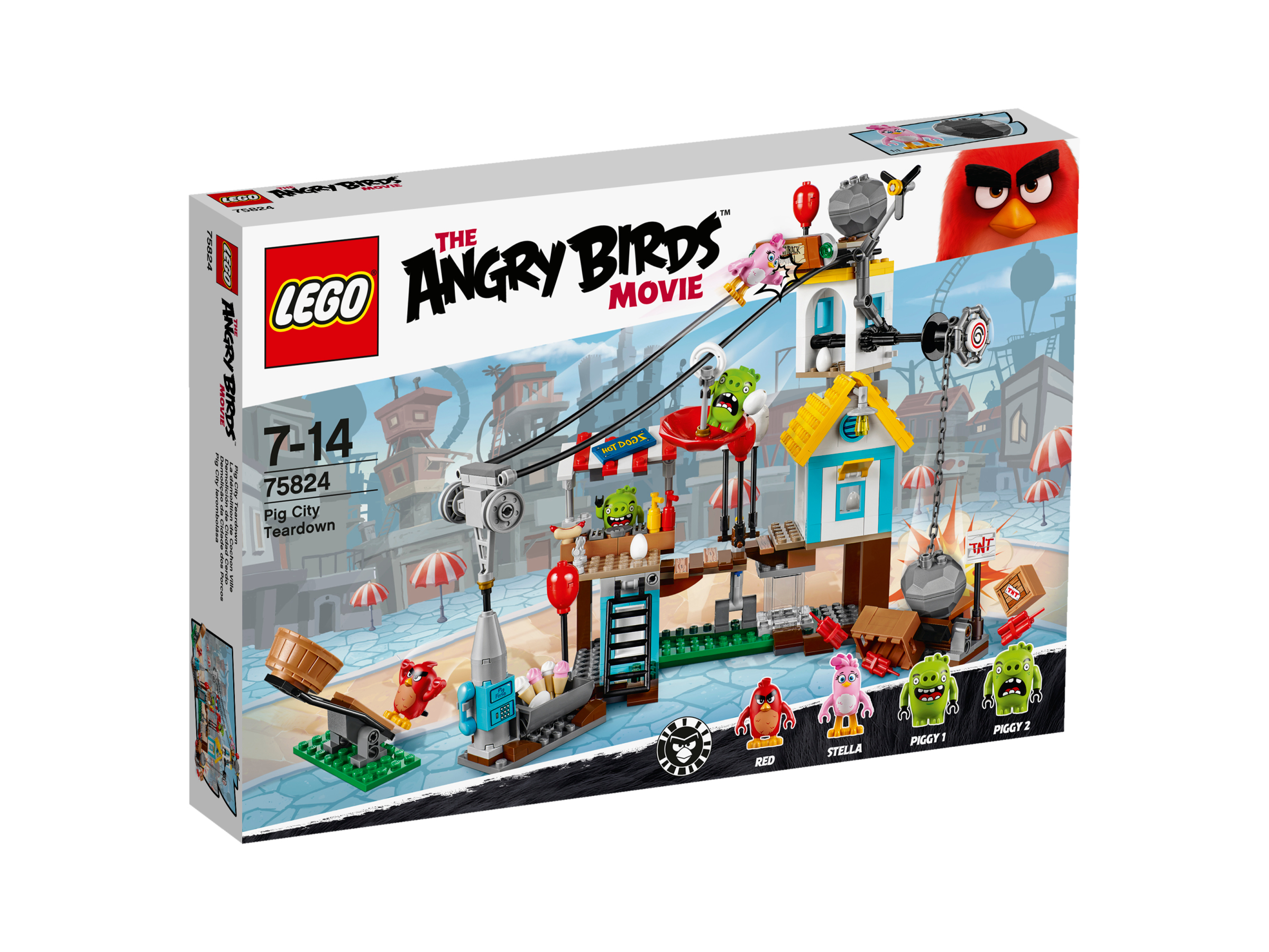 A Lego Angry Birds Movie set with various characters and a structure, on a white background.