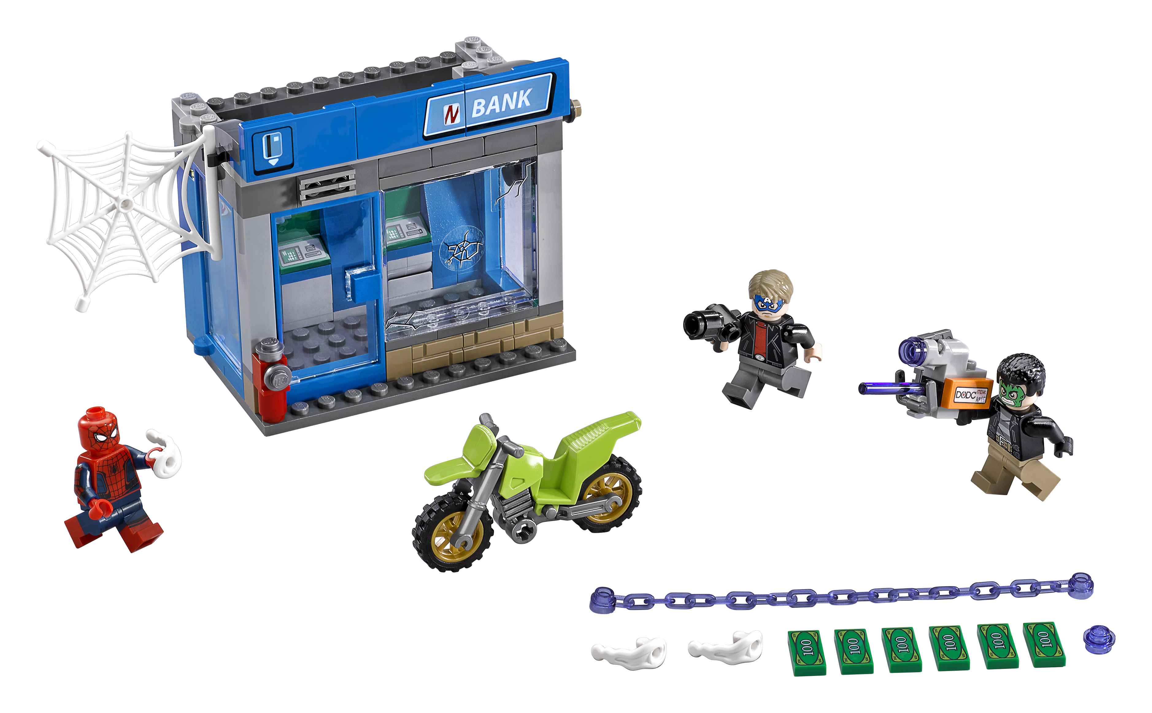 LEGO set met een bank, Spider-Man, motor en een scène met minifiguren.