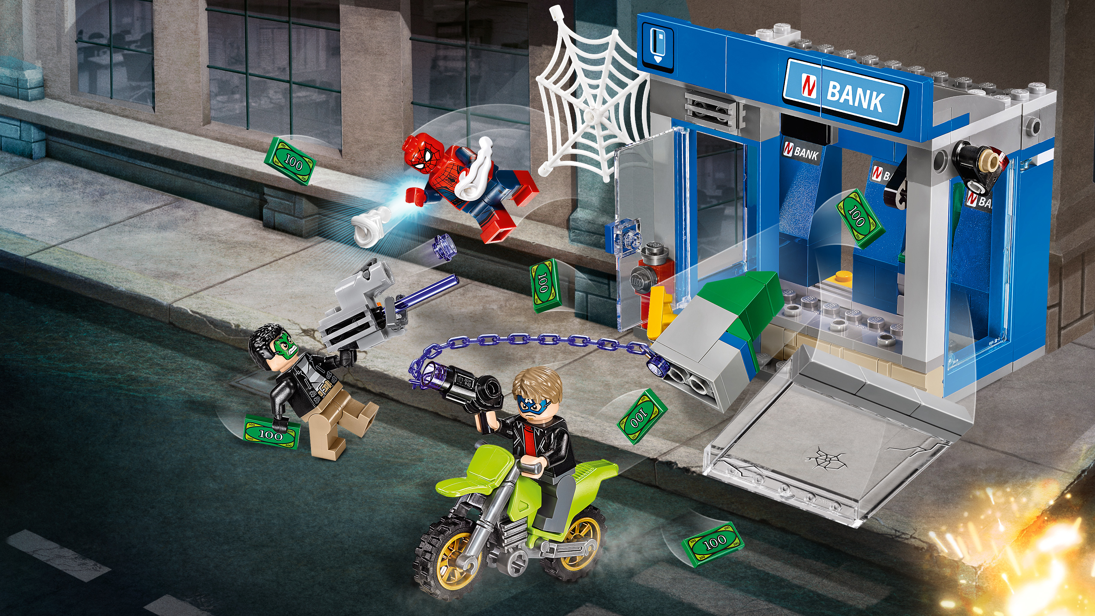 Lego set die een bankovervalscene uitbeeldt met Spider-Man, overvallers en een groene motor.