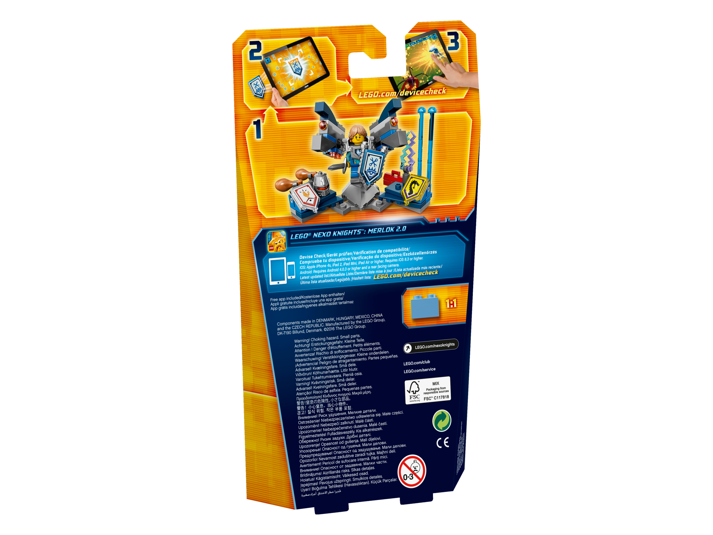 Set LEGO Nexo Knights: retro della scatola con un cavaliere e un robot.