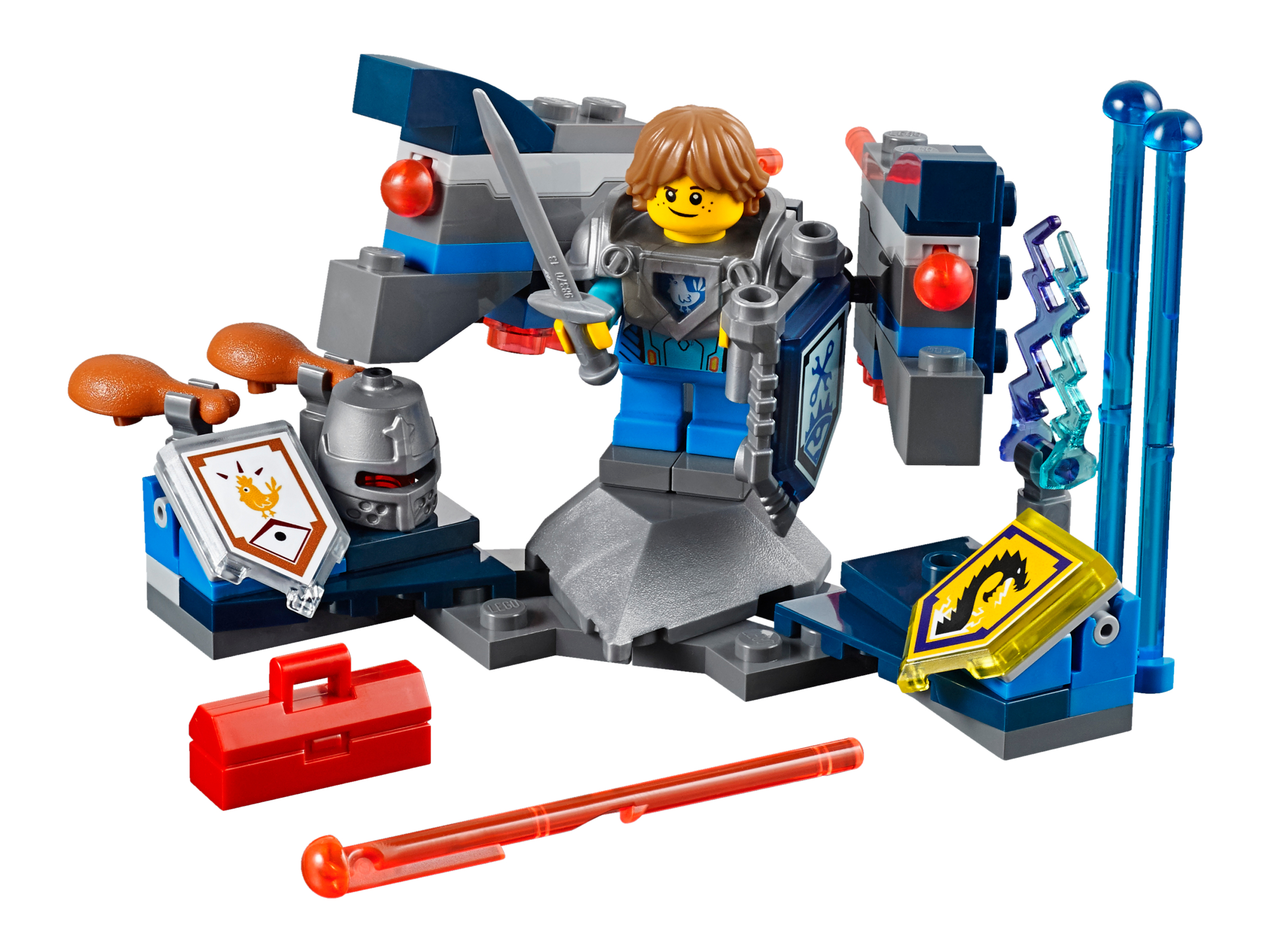 Set Lego con un cavaliere, un robot e una costruzione. Colori grigio, blu e rosso.