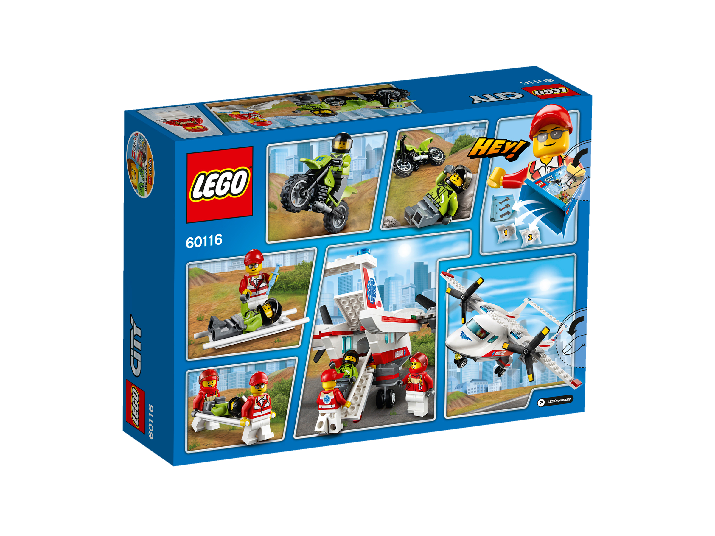 Pudełko z zestawem Lego City. Zawiera personel medyczny, karetkę i helikopter.