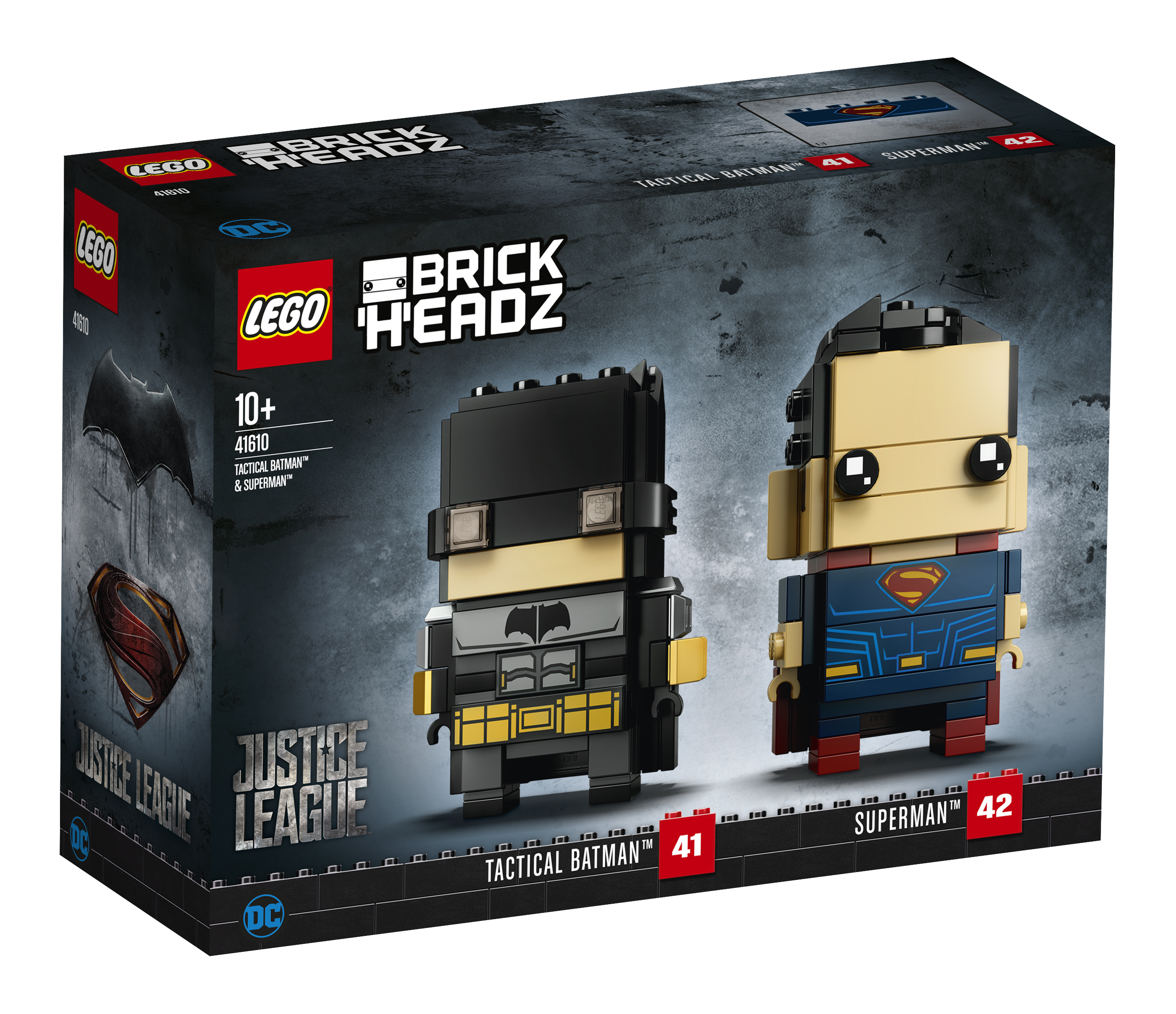 Lego Brickheadz doos, Tactische Batman en Superman figuren, Justice League branding.