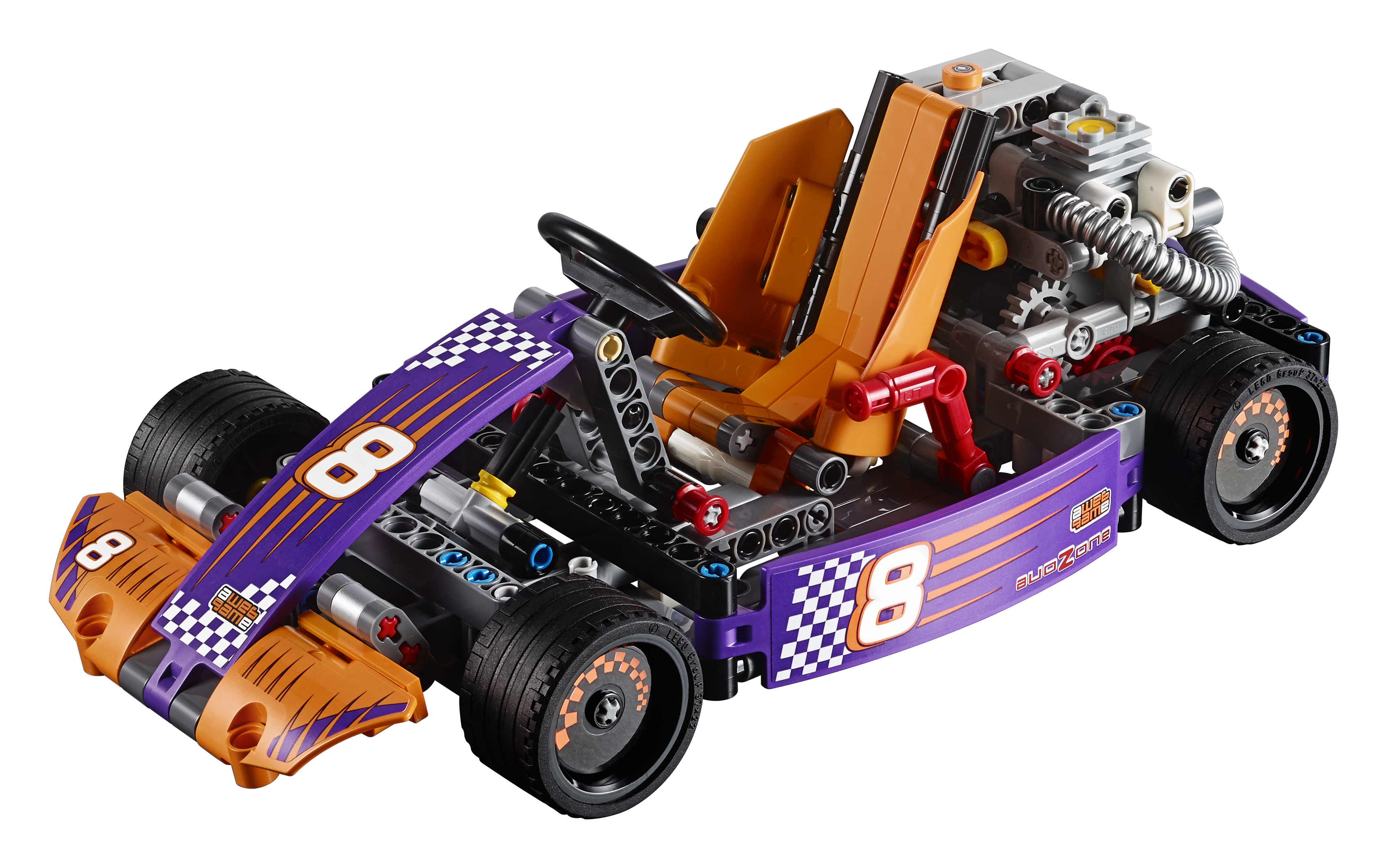 Zestaw samochodów wyścigowych Lego Technic: Fioletowy i pomarańczowy gokart z numerem 8, czarne koła i przekładnie.