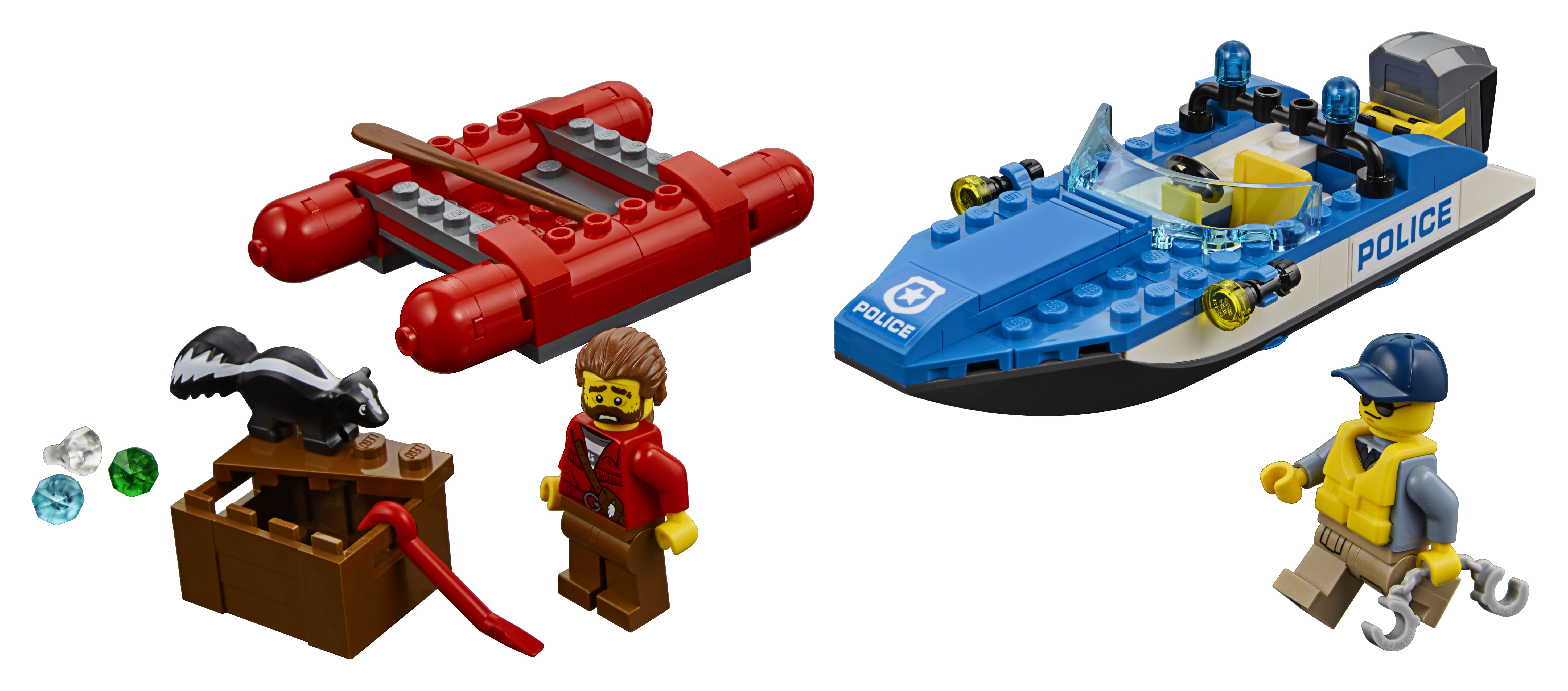 Set Lego City: una barca, una zattera, minifigure e gemme. Colori rosso, blu, bianco e verde.
