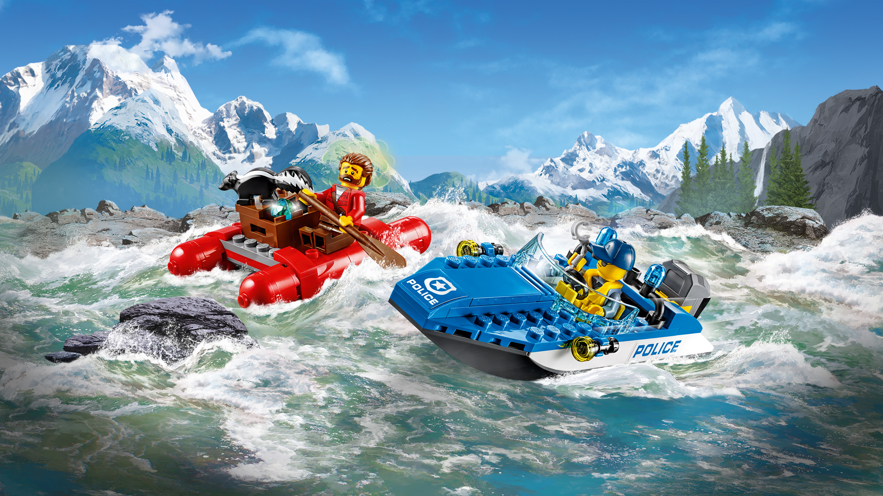 Set LEGO City: Due barche su un fiume con montagne sullo sfondo. Personaggi sulle barche.