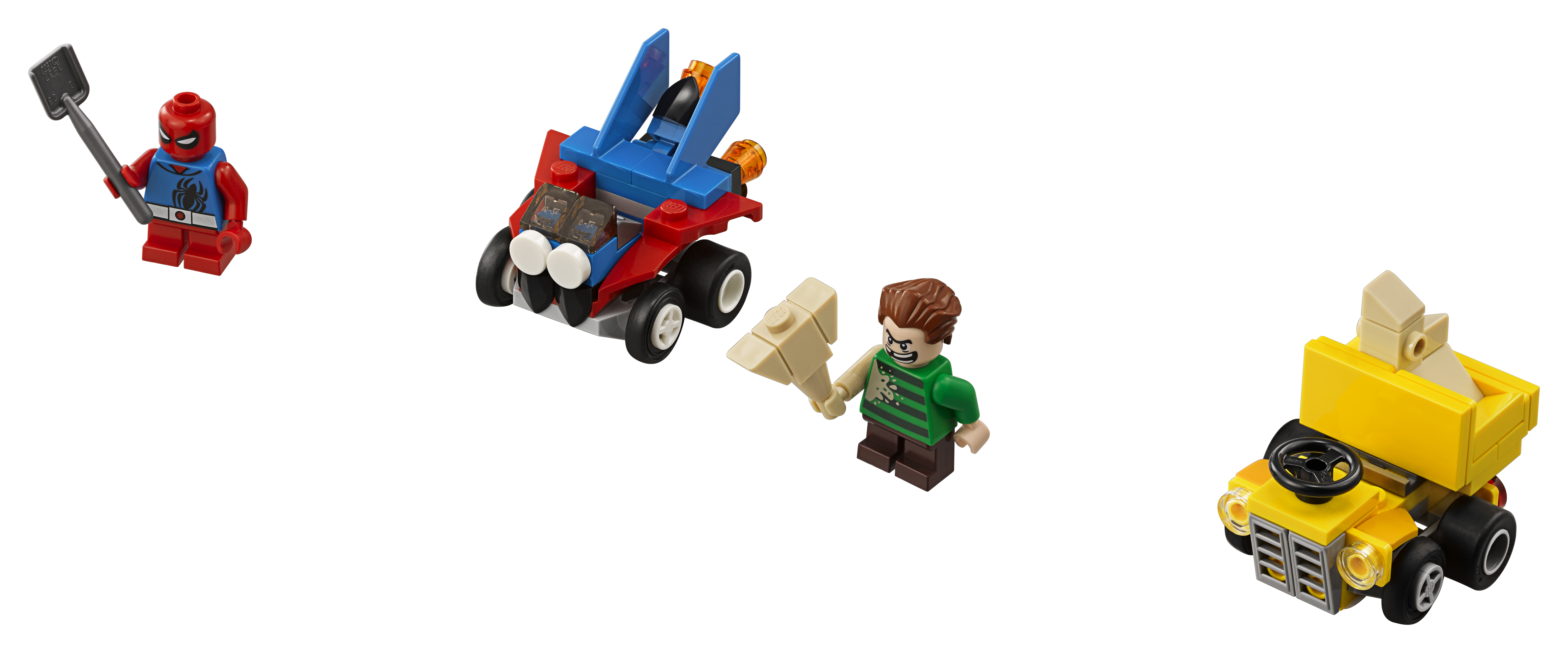 Set Lego Super Heroes: tre veicoli e minifigure. Colori rosso, giallo e blu.