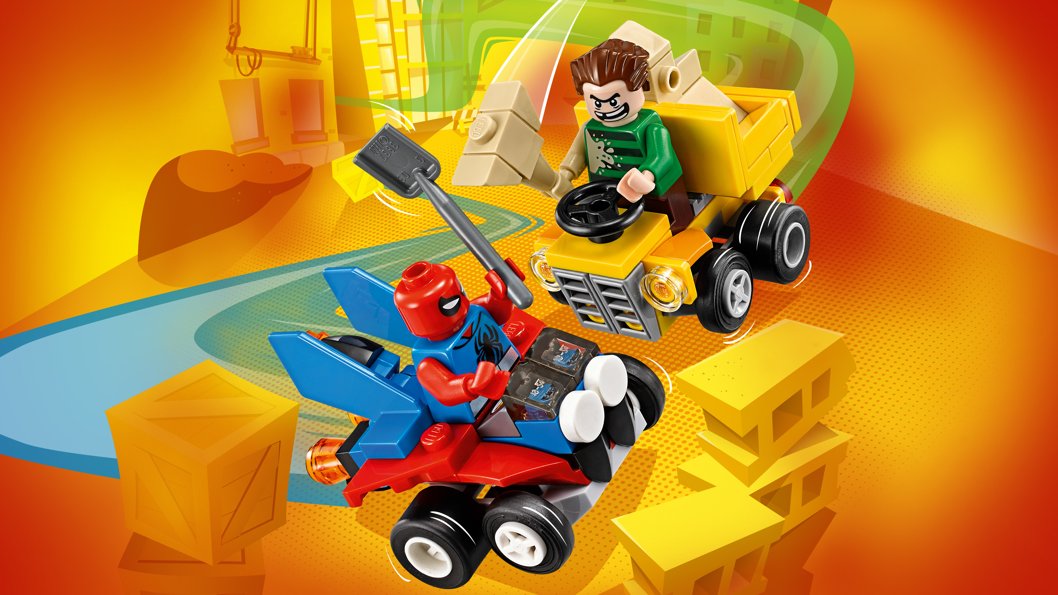 Set Lego di Spider-Man e Sandman su veicoli, con un camion giallo e un jet in volo.