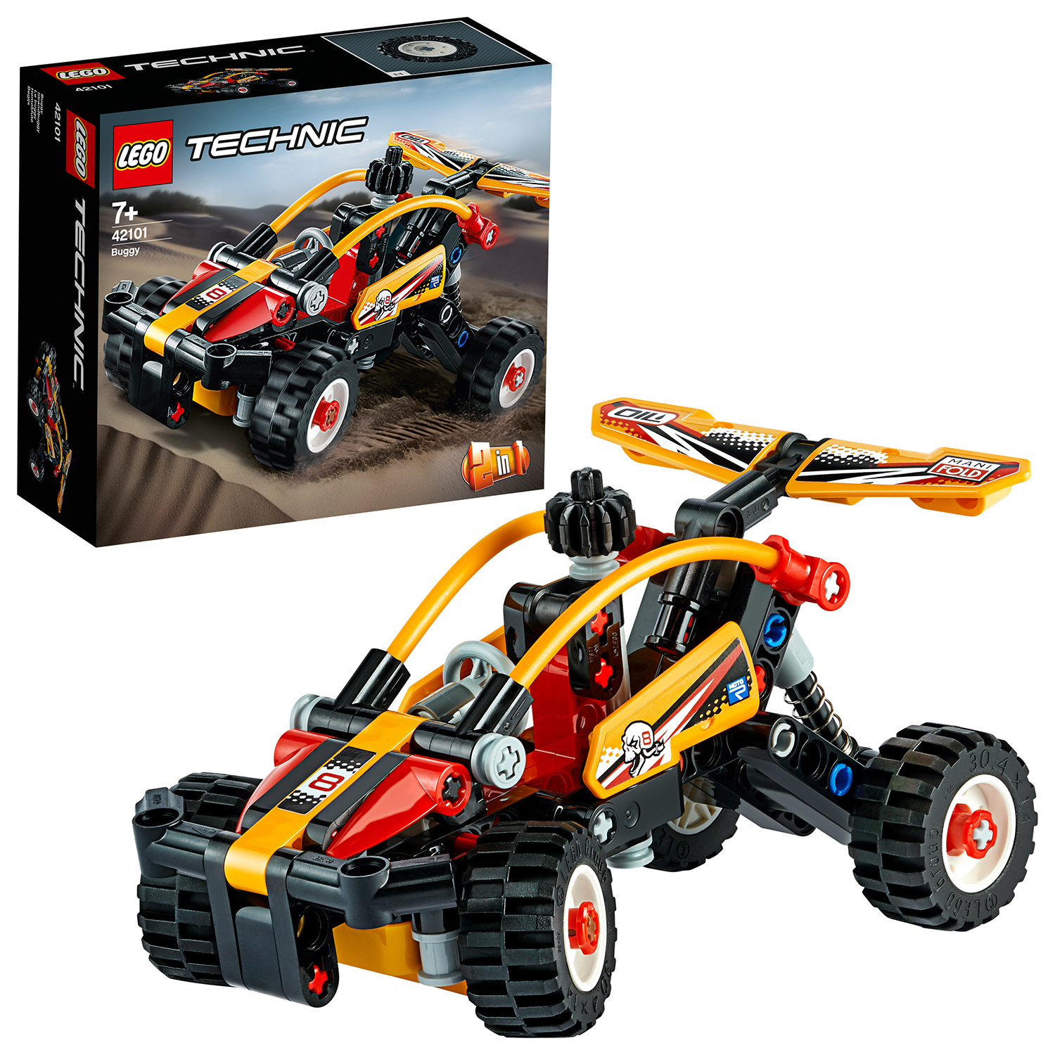 LEGO Technic buggy con una scatola. Sfondo bianco.